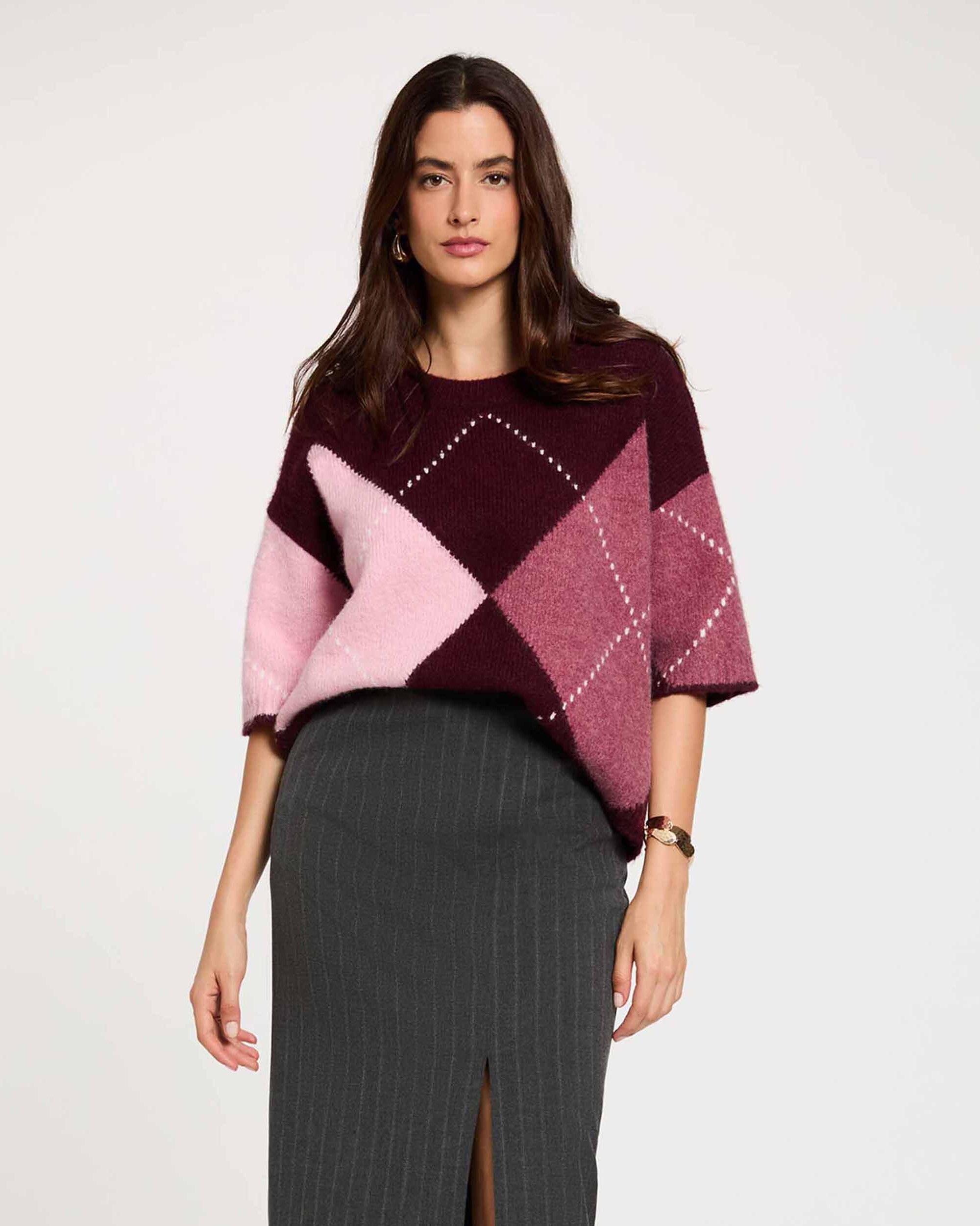 Saia Midi com Estampado Às Riscas Cinzento-4