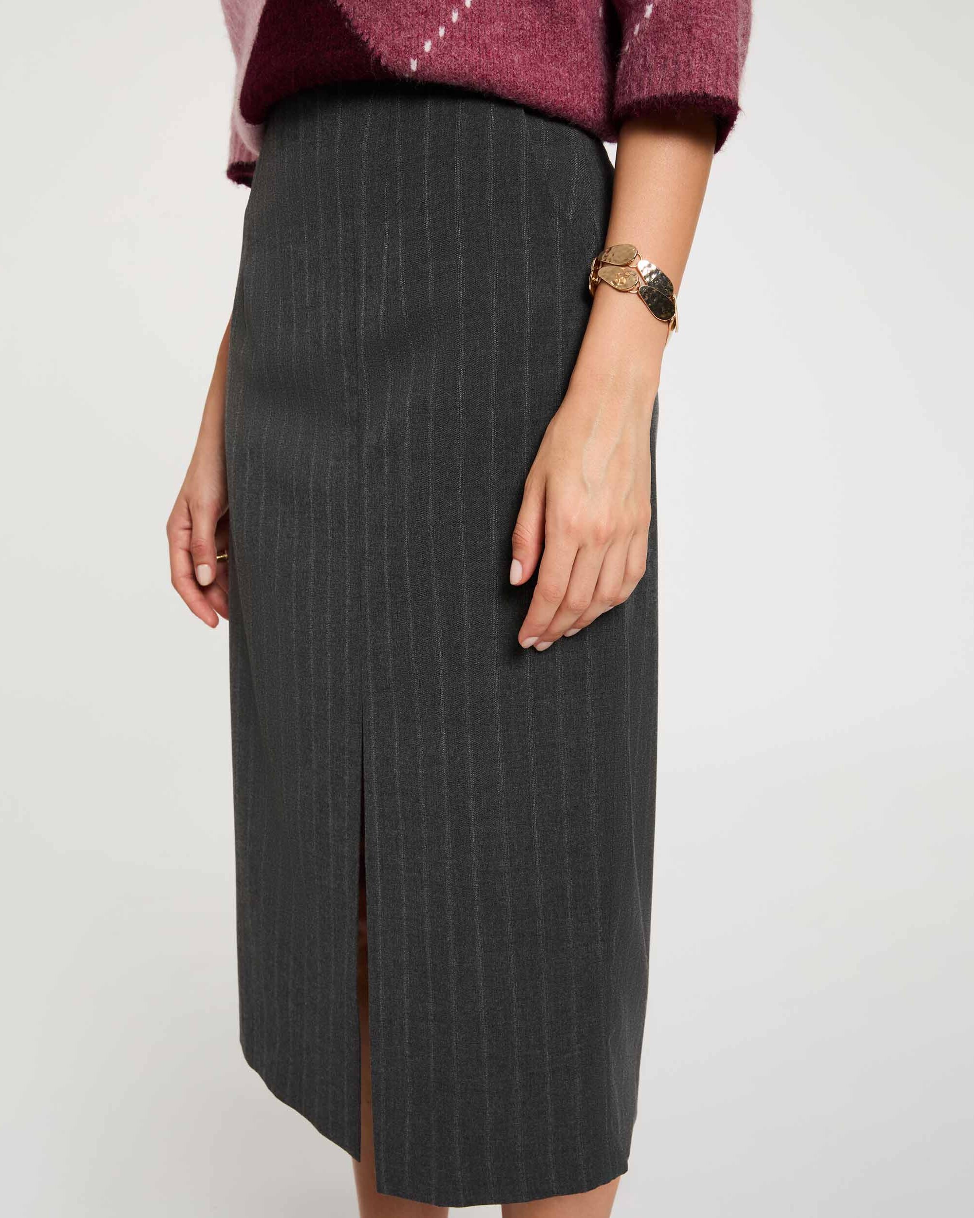 Saia Midi com Estampado Às Riscas Cinzento-5