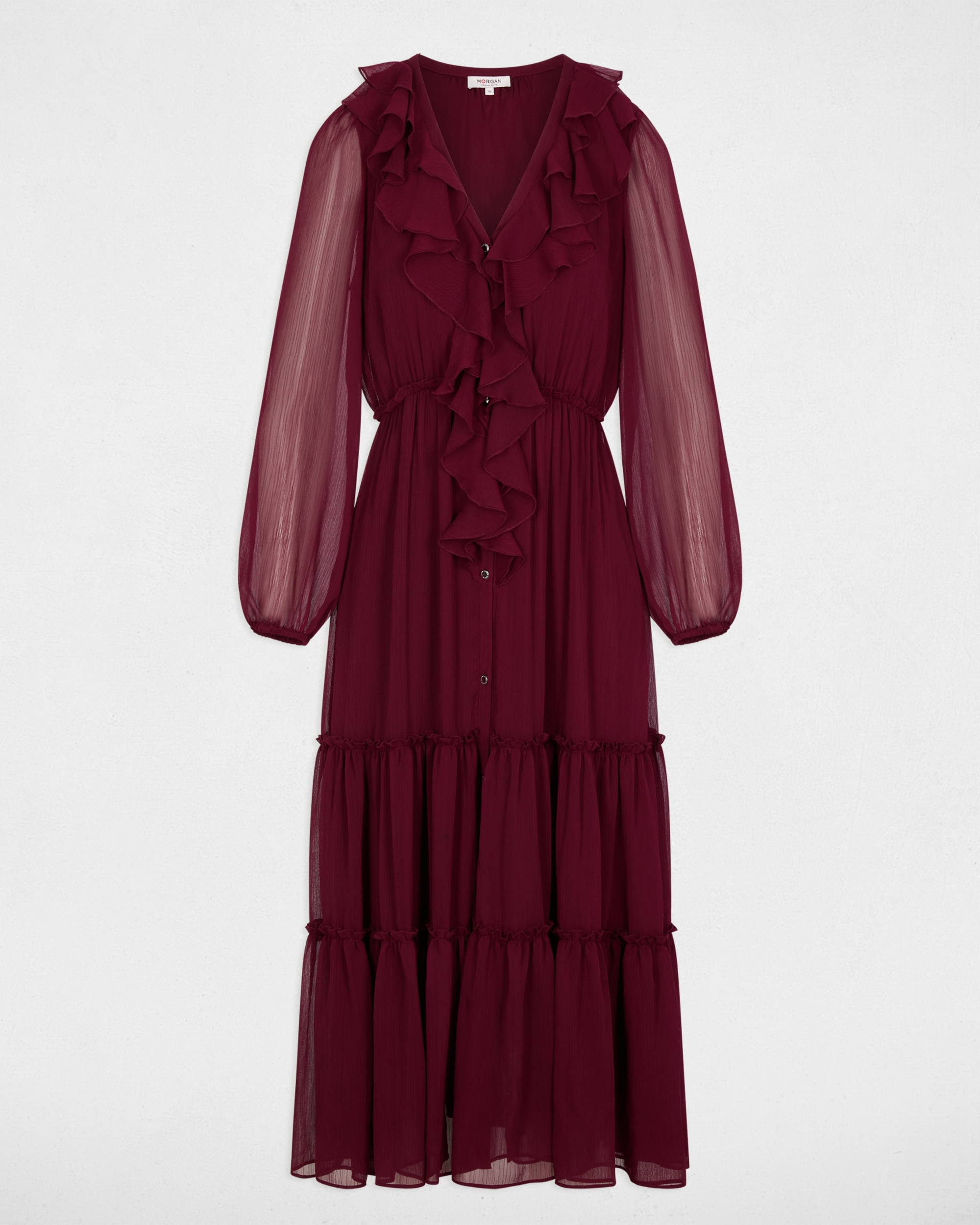 Vestido Comprido com Folhos Bordeaux-2