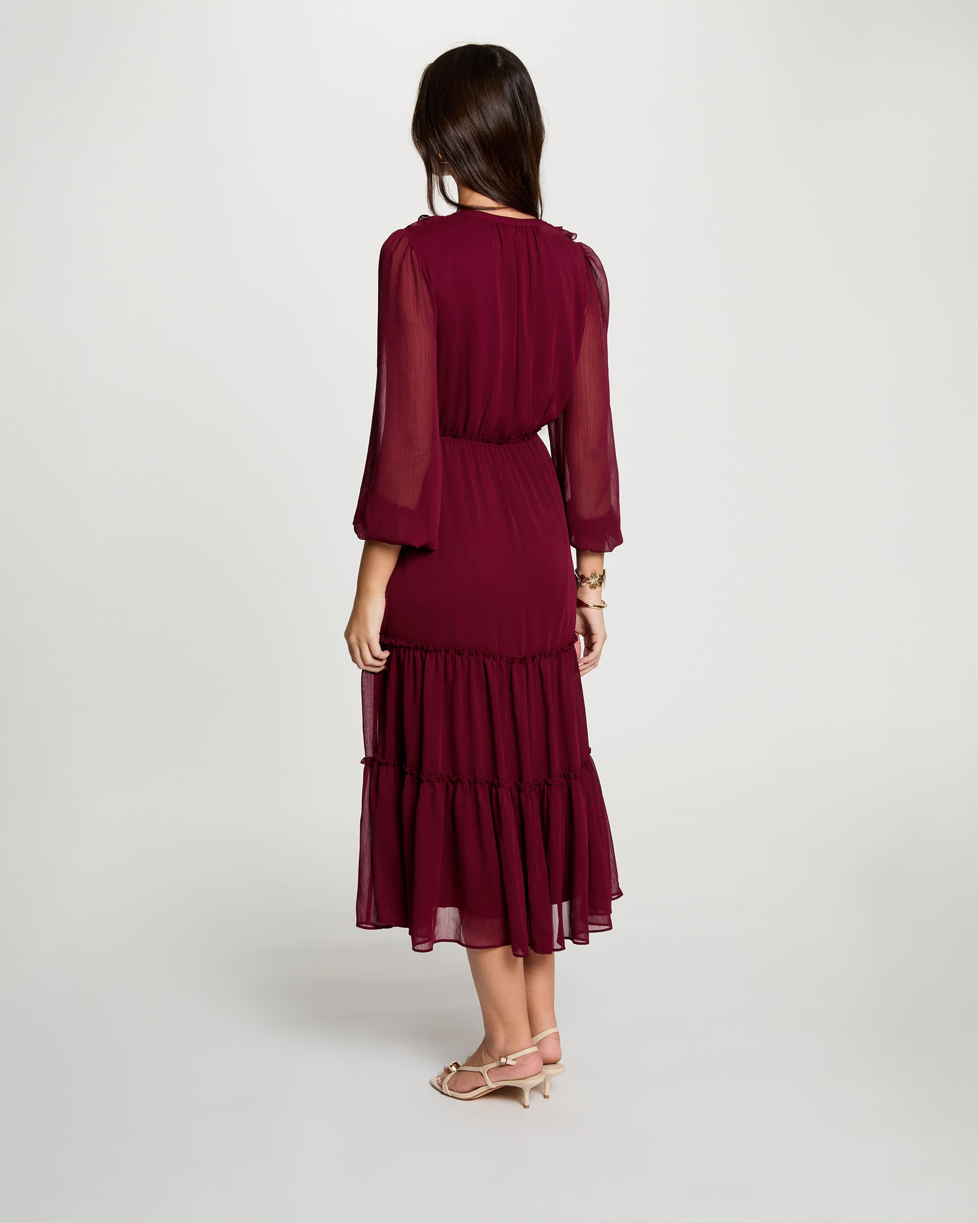 Vestido Comprido com Folhos Bordeaux-3