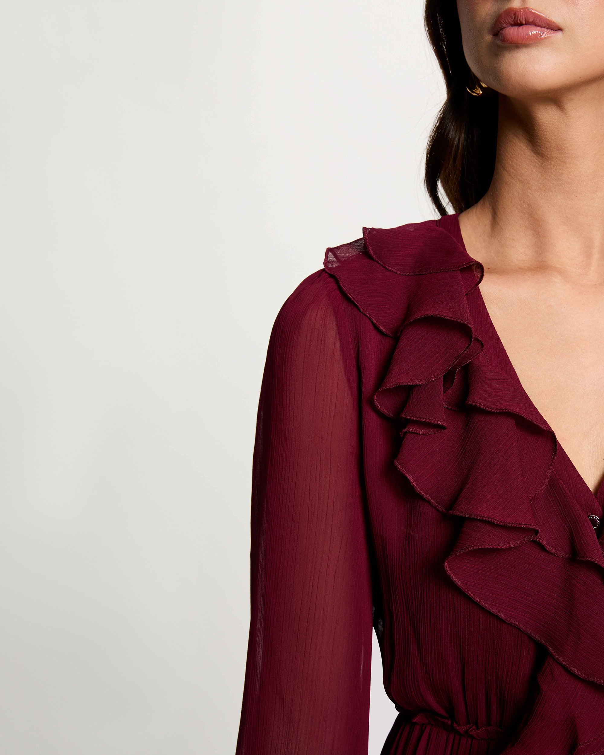 Vestido Comprido com Folhos Bordeaux-5