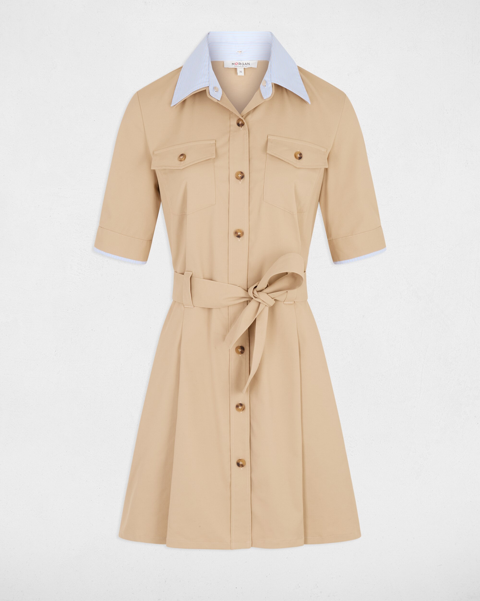 Vestido Curto com Cinto Bege-2