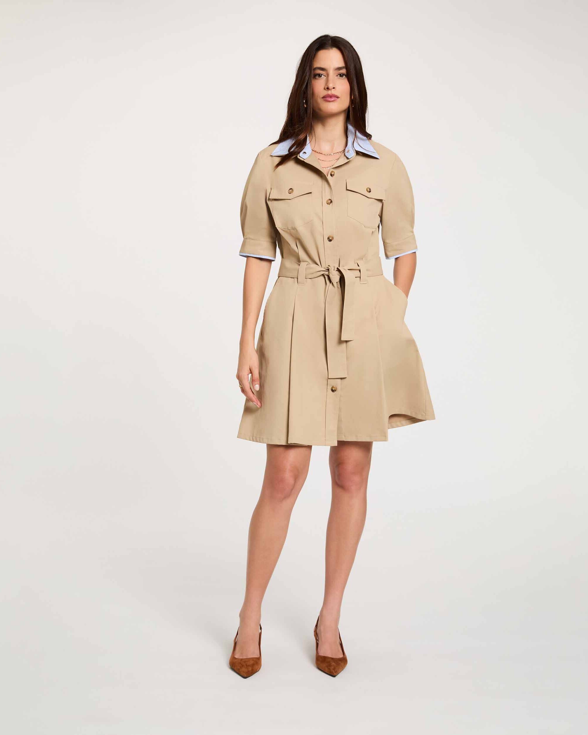 Vestido Curto com Cinto Bege-4