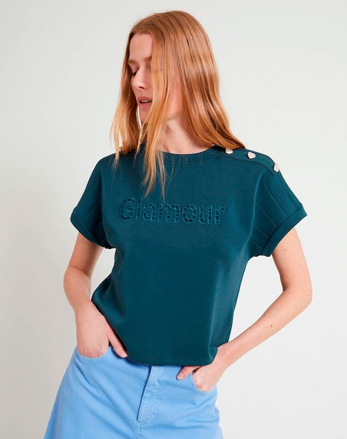 Imagem 0 de T-shirt de Manga Curta com Letras Gravadas