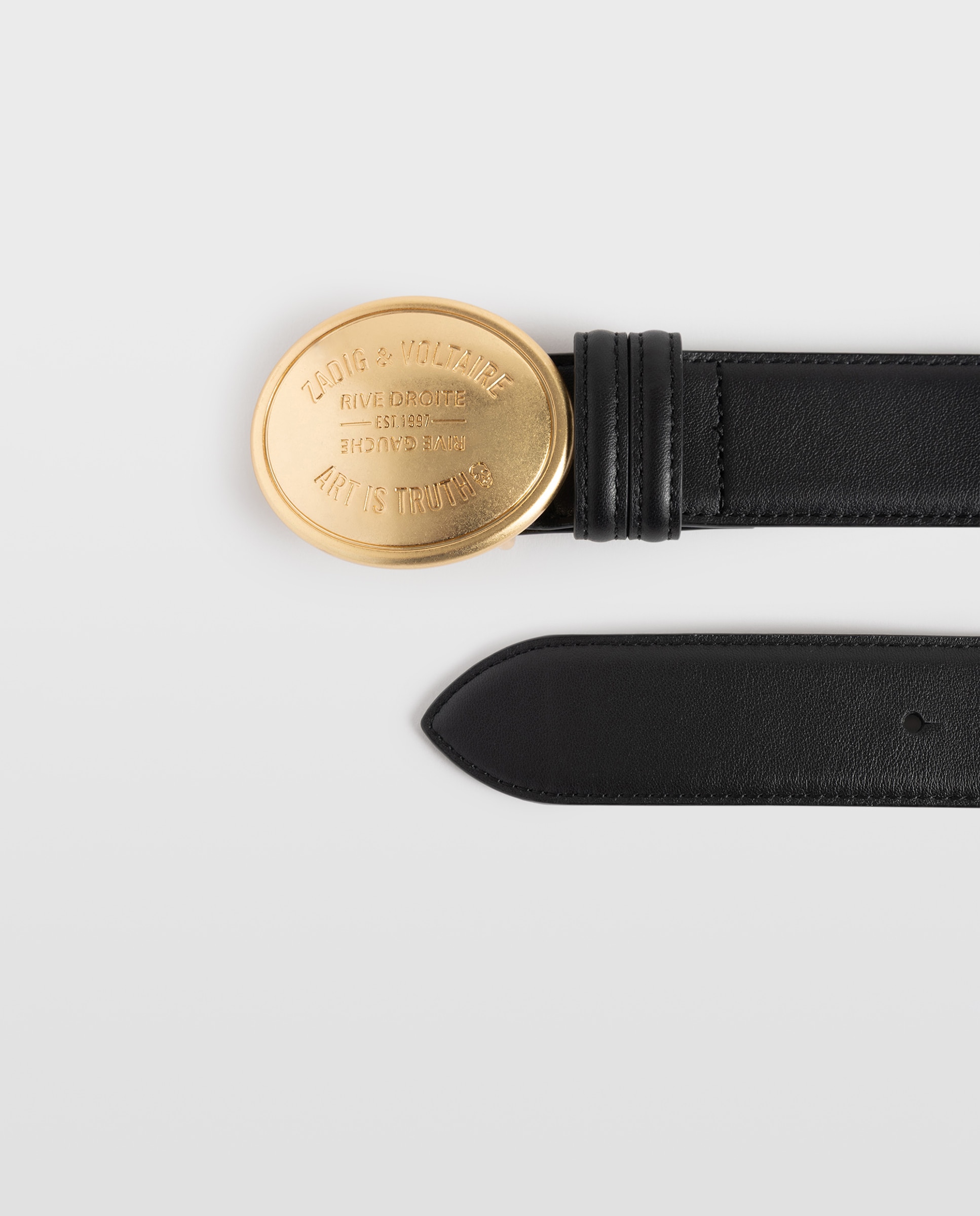 Cinto de Pele em Preto de 35 Mm com Fivela Ovalada Gravada Preto-2