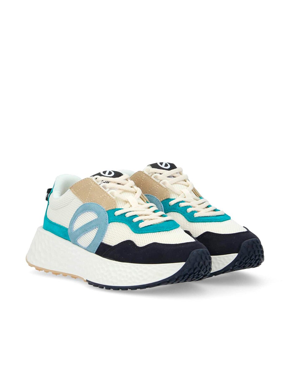 Sapatilhas de Pele Combinadas com Malha Reciclada e Logotipo Oversize Azul-2
