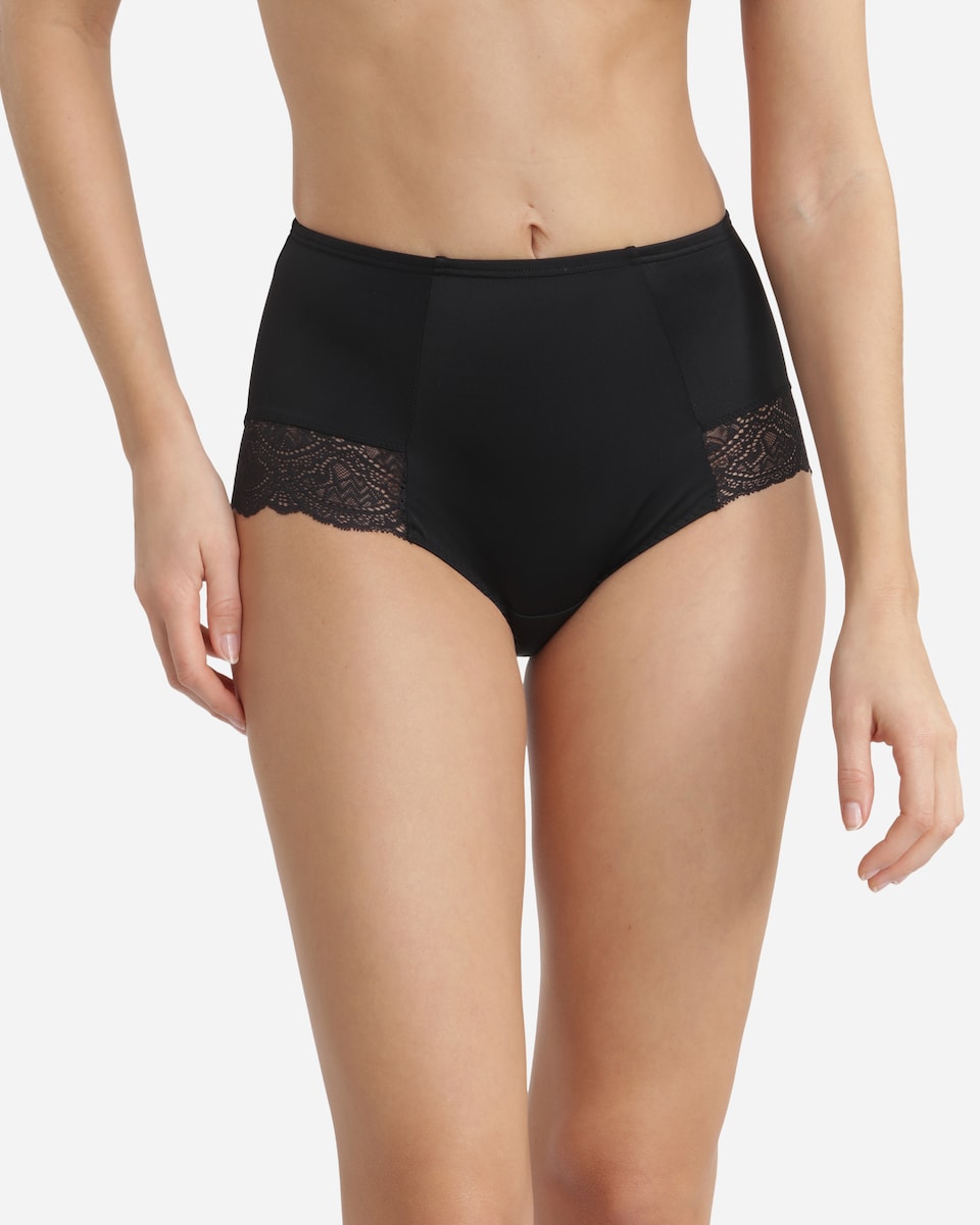 Cueca de Controlo com Cintura Alta em Microfibra Suave com Renda Preto-1