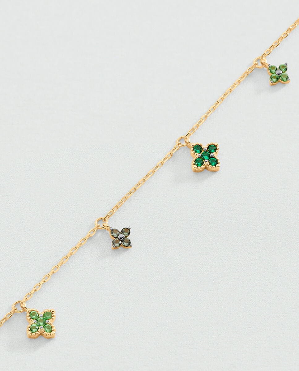 Pulseira de Corrente de Prata Beloved de Lei com Banho de Ouro e Florzinhas com Zircónias Pendentes Verde-2