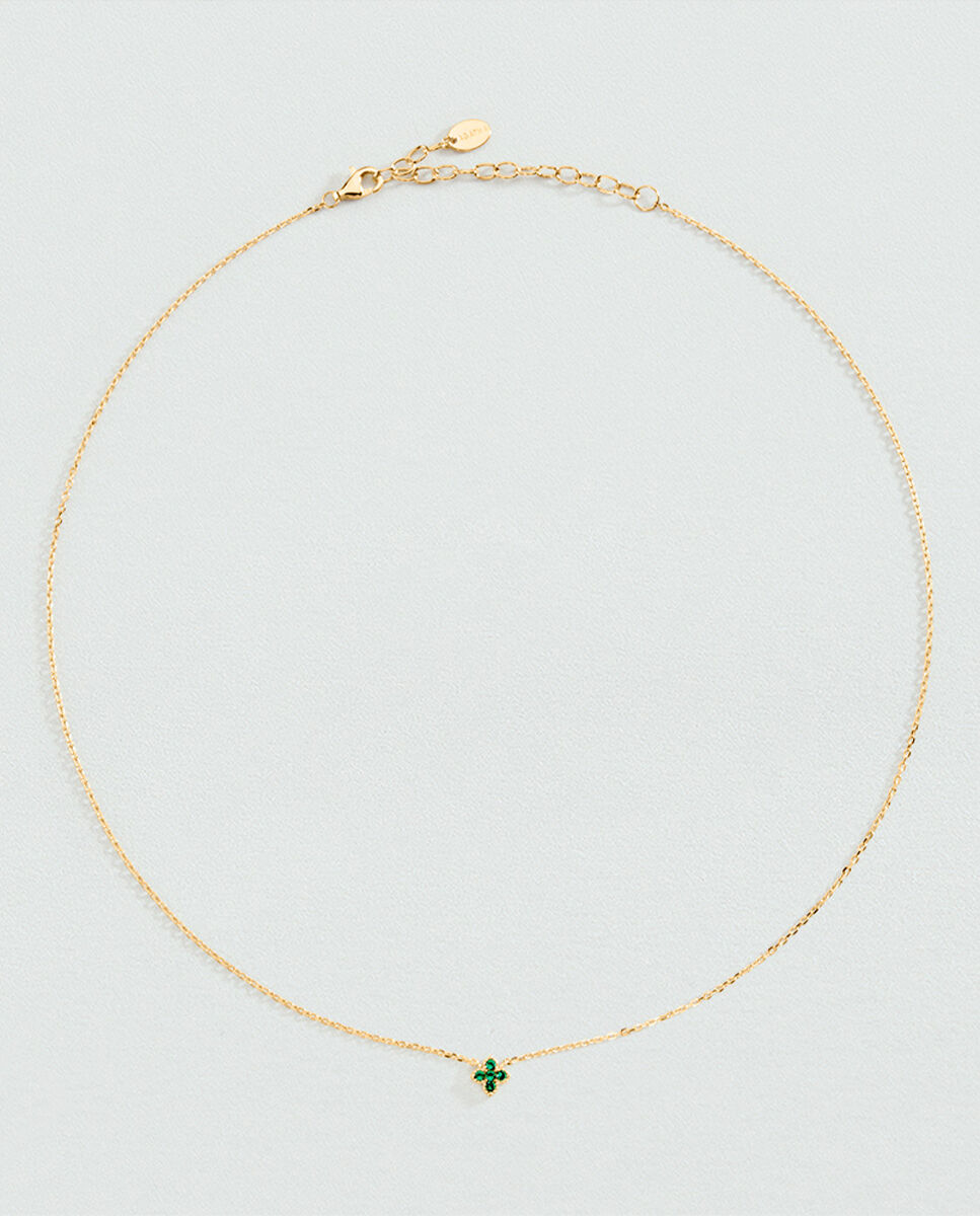 Colar Curto Beloved de Prata de Lei com Banho de Ouro e Uma Flor com Zirconitas Verdes Pendentes Verde-2