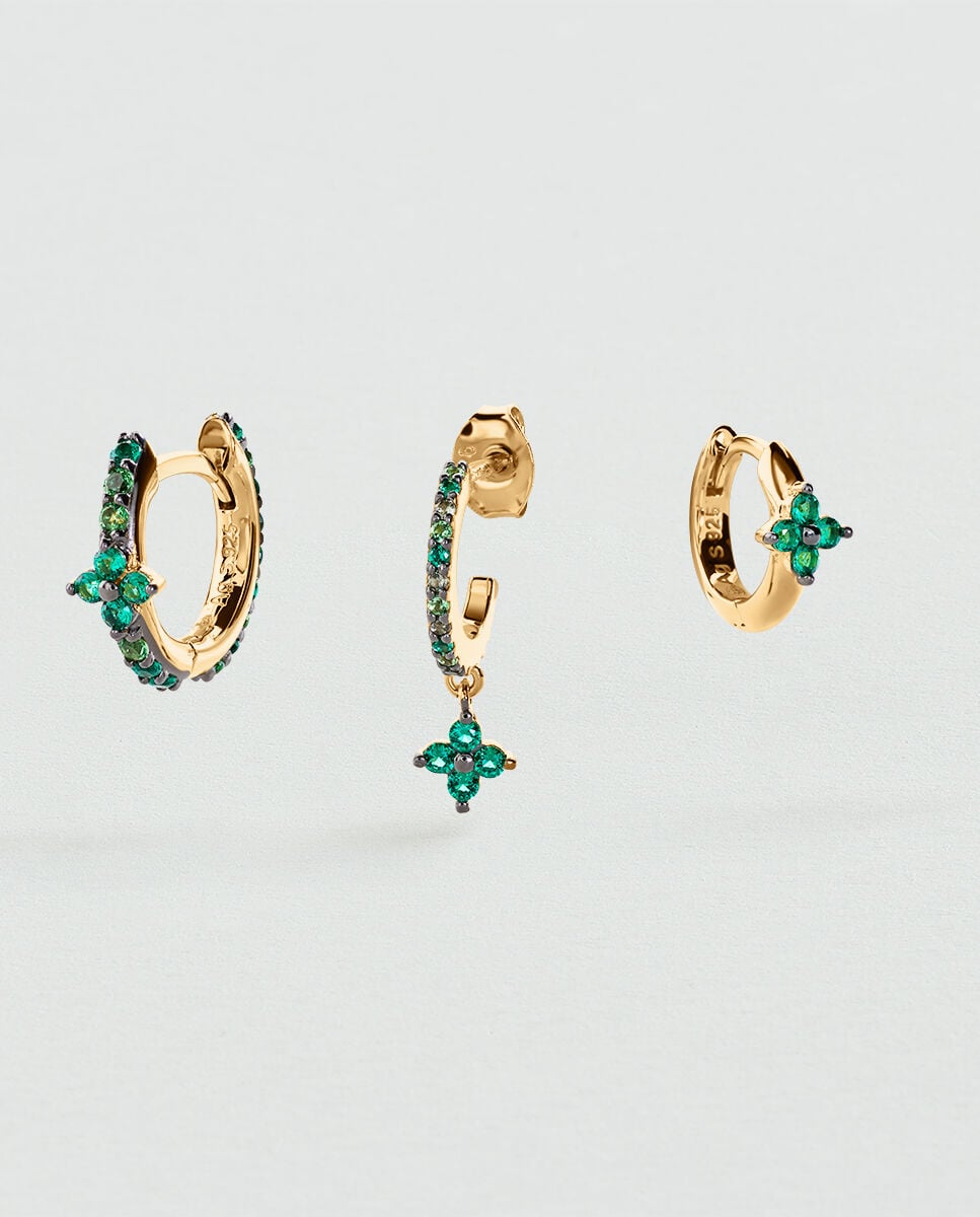 Trio de Piercings Mix&match de Prata de Lei com Banho de Ouro e Zirconitas Verde-2