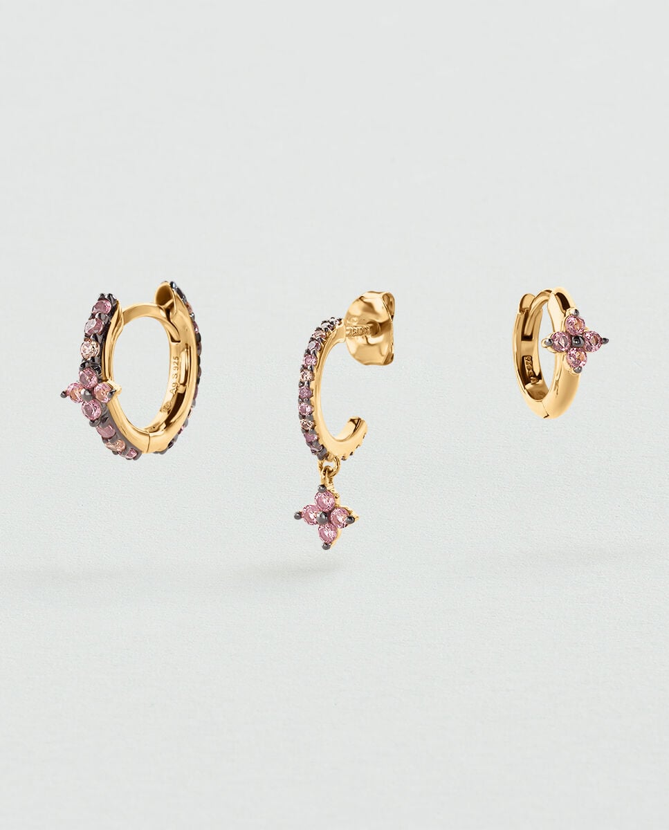 Trio de Piercings Mix&match de Prata de Lei com Banho de Ouro e Zirconitas Rosa-2