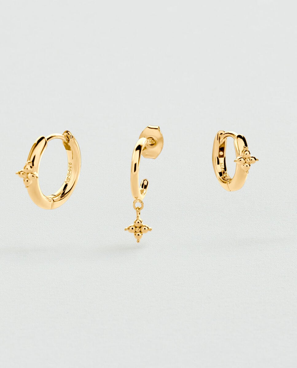 Imagem 0 de Trio de Piercings Mix&match de Prata de Lei Banhada a Ouro com Motivos Florais