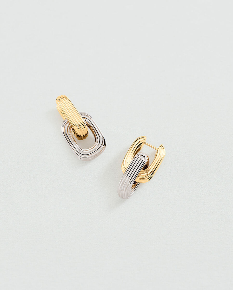 Argolas Bicolor Haussmann Texturizadas e Acabadas em Ouro e Ródio com Forma Retangular Multicolor-2