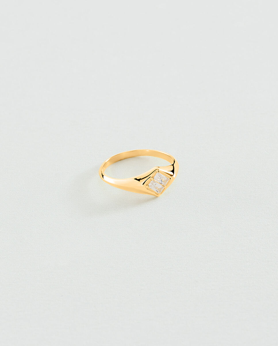 Anel Selo Lucky para o Dedo Mindinho Banhado a Ouro com Quadrado de Zirconitas em Corte Baguette Branco-1