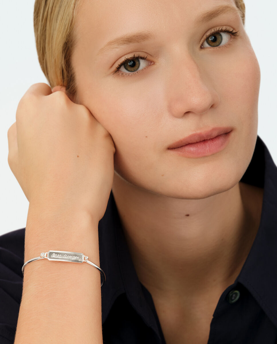 Pulseira Rígida Lucky Acabada em Ródio com Mensagem "para Sempre Prateado-2