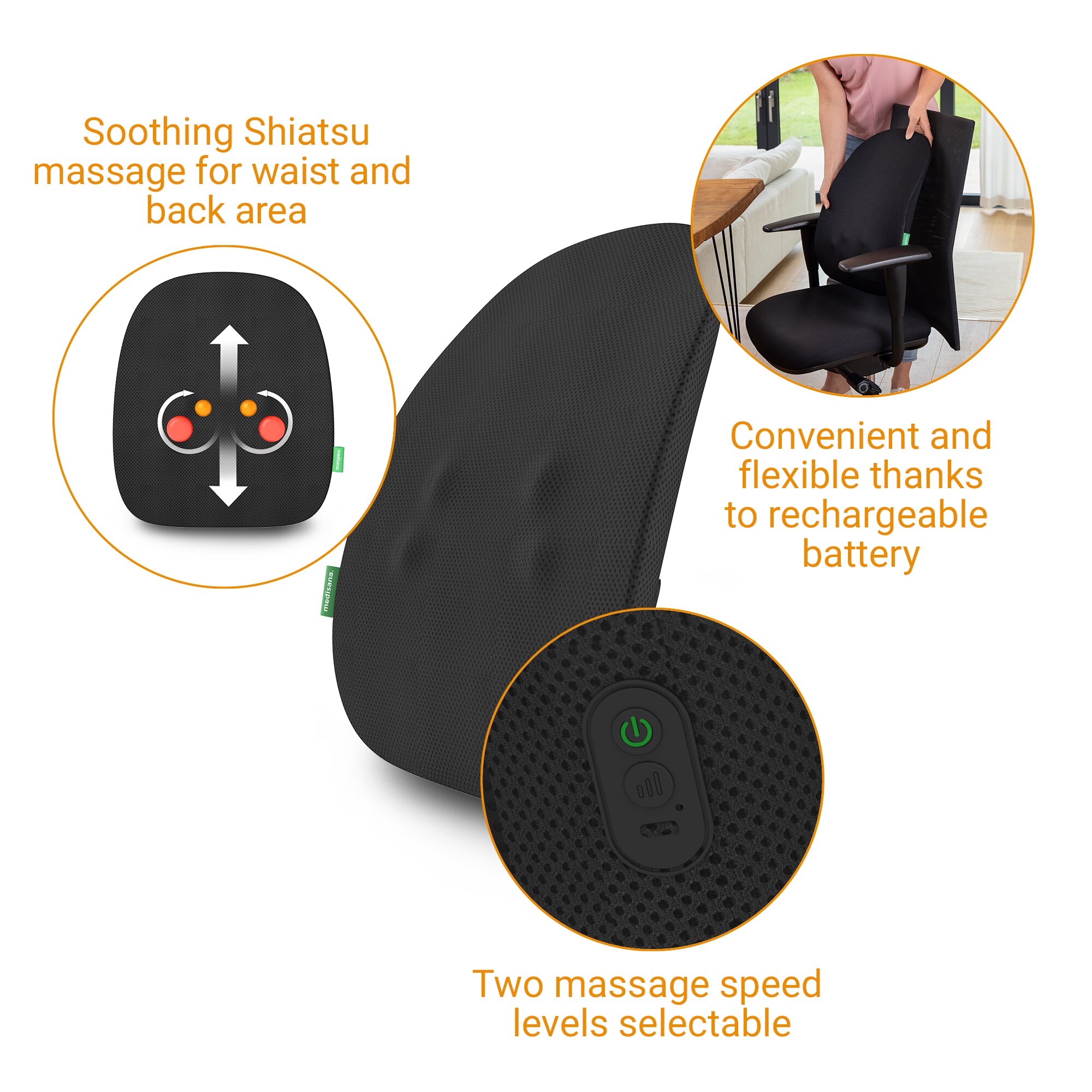 Massajador de Costas sem Fios Medisana MC 500 com Shiatsu e Bateria Recarregável Preto-4