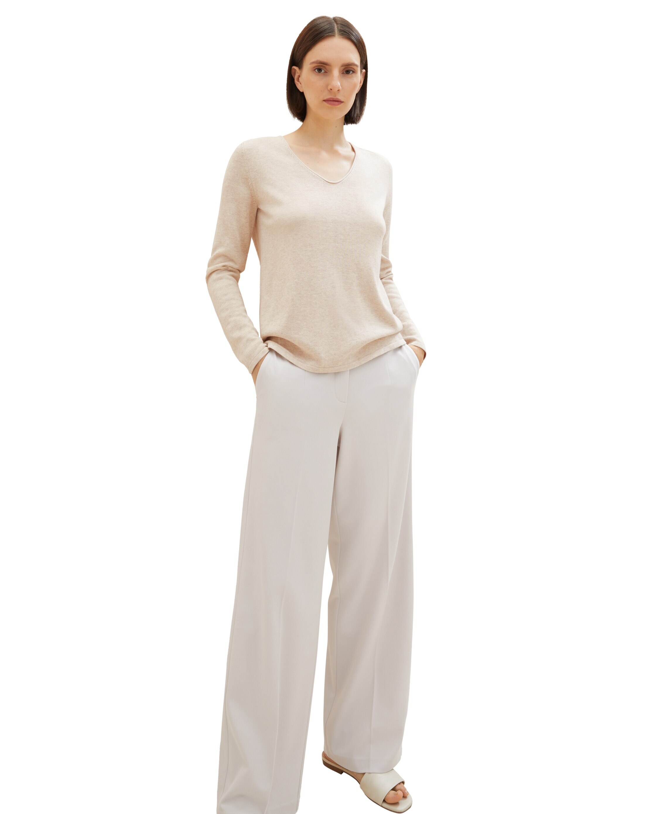 Camisola de Manga Comprida com Gola em V e Design Liso Bege-3