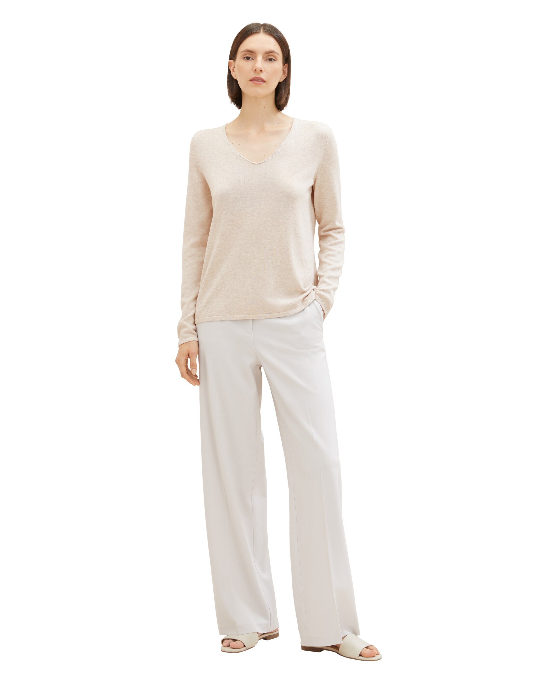 Camisola de Manga Comprida com Gola em V e Design Liso Bege-4