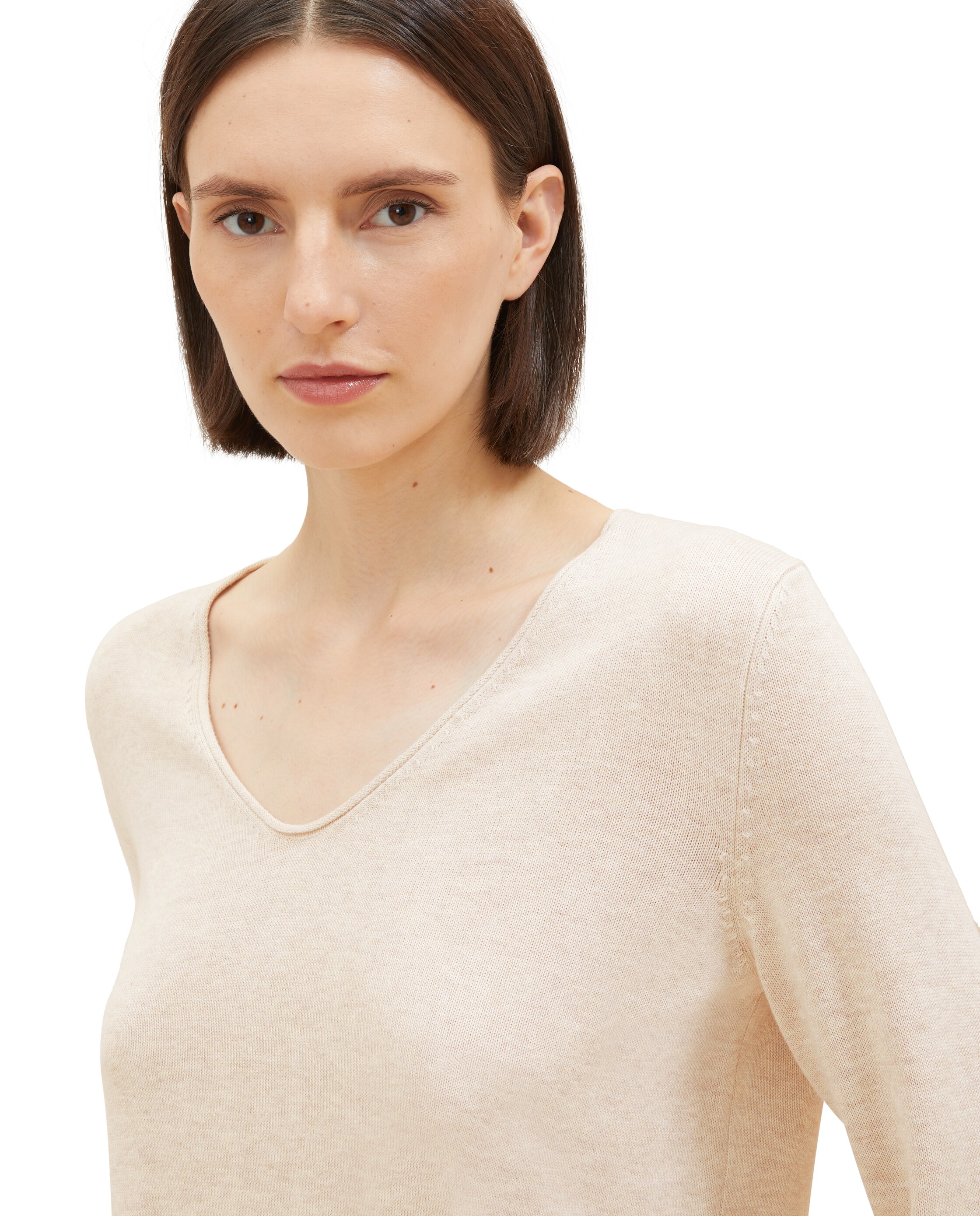 Camisola de Manga Comprida com Gola em V e Design Liso Bege-5