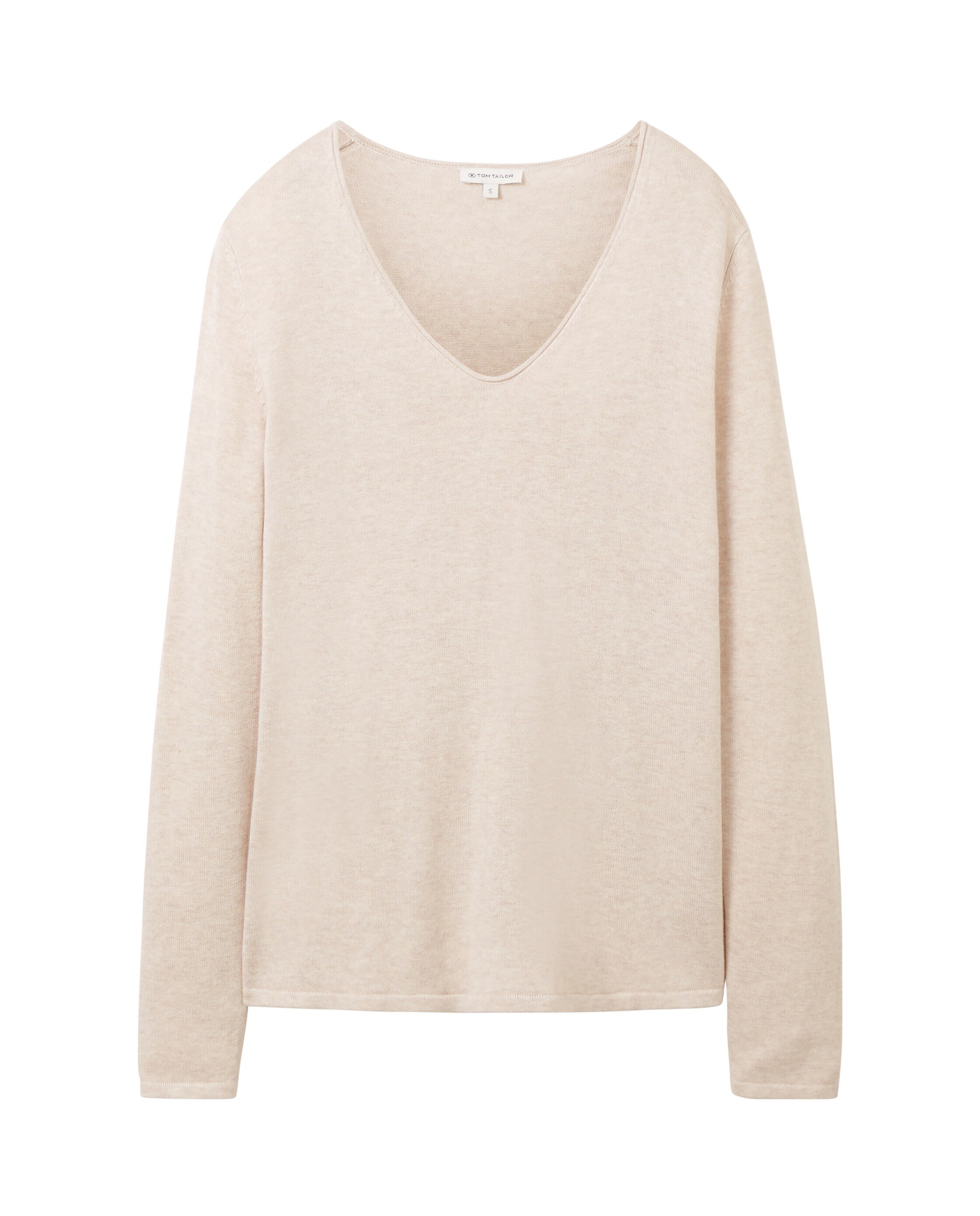 Camisola de Manga Comprida com Gola em V e Design Liso Bege-6