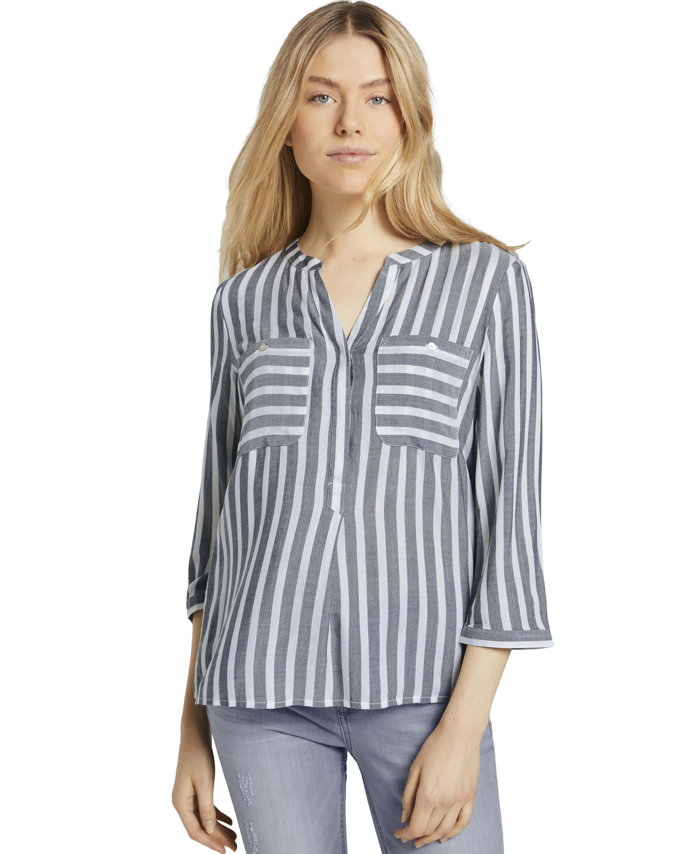 Blusa de Manga 3/4 às Riscas Cinzento-1