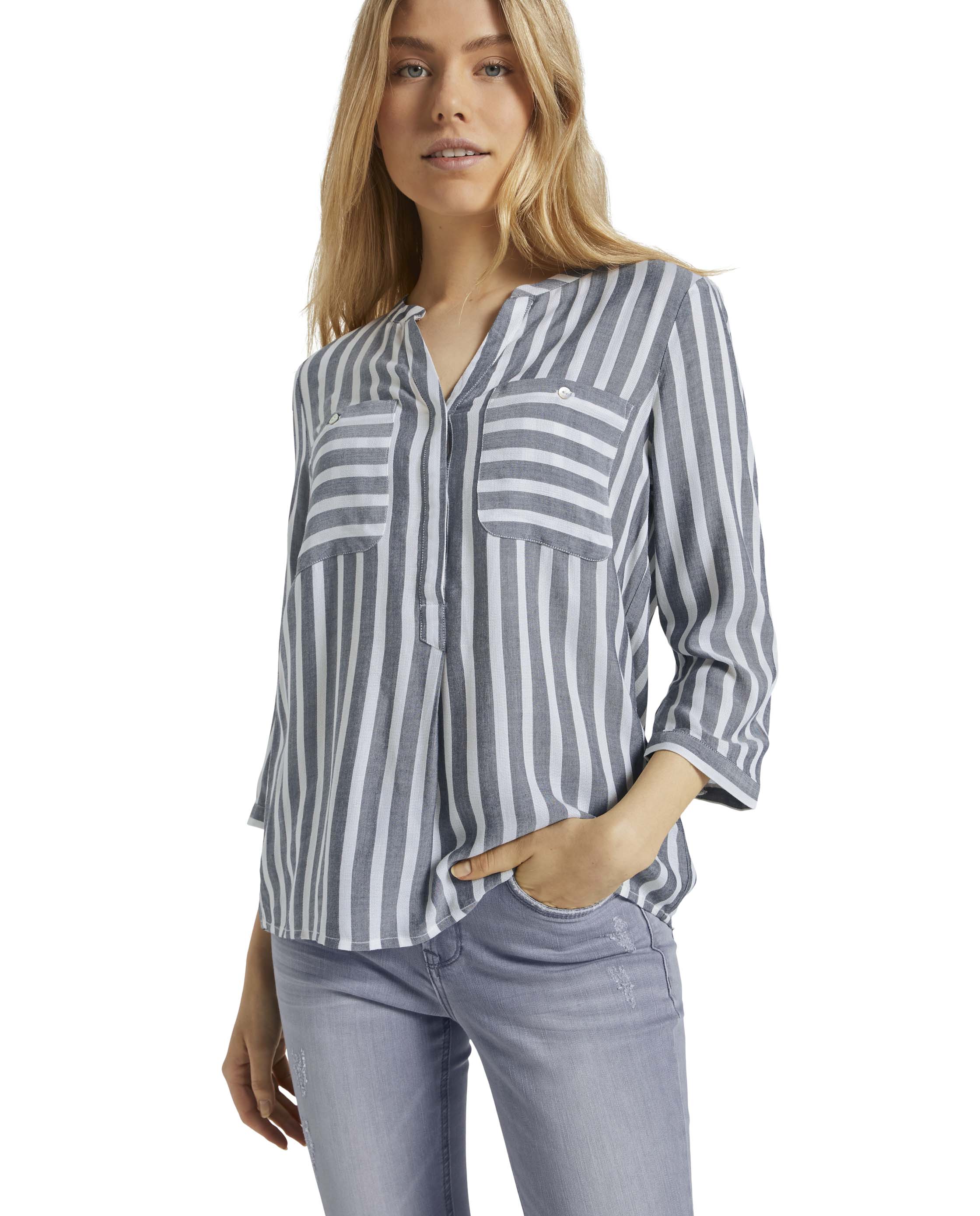 Blusa de Manga 3/4 às Riscas Cinzento-3