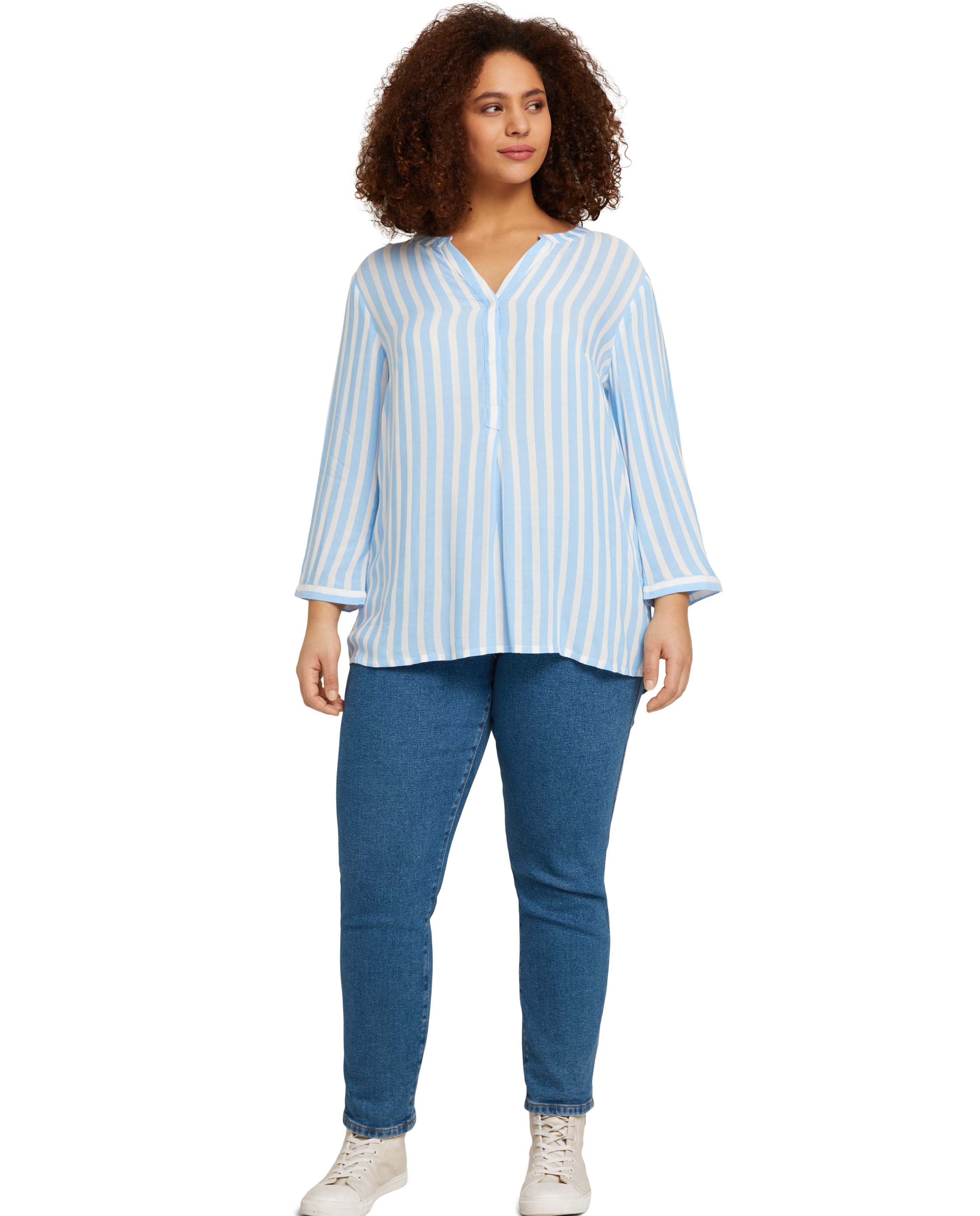 Blusa Às Riscas e Mangas 3/4 Azul / Branco-3