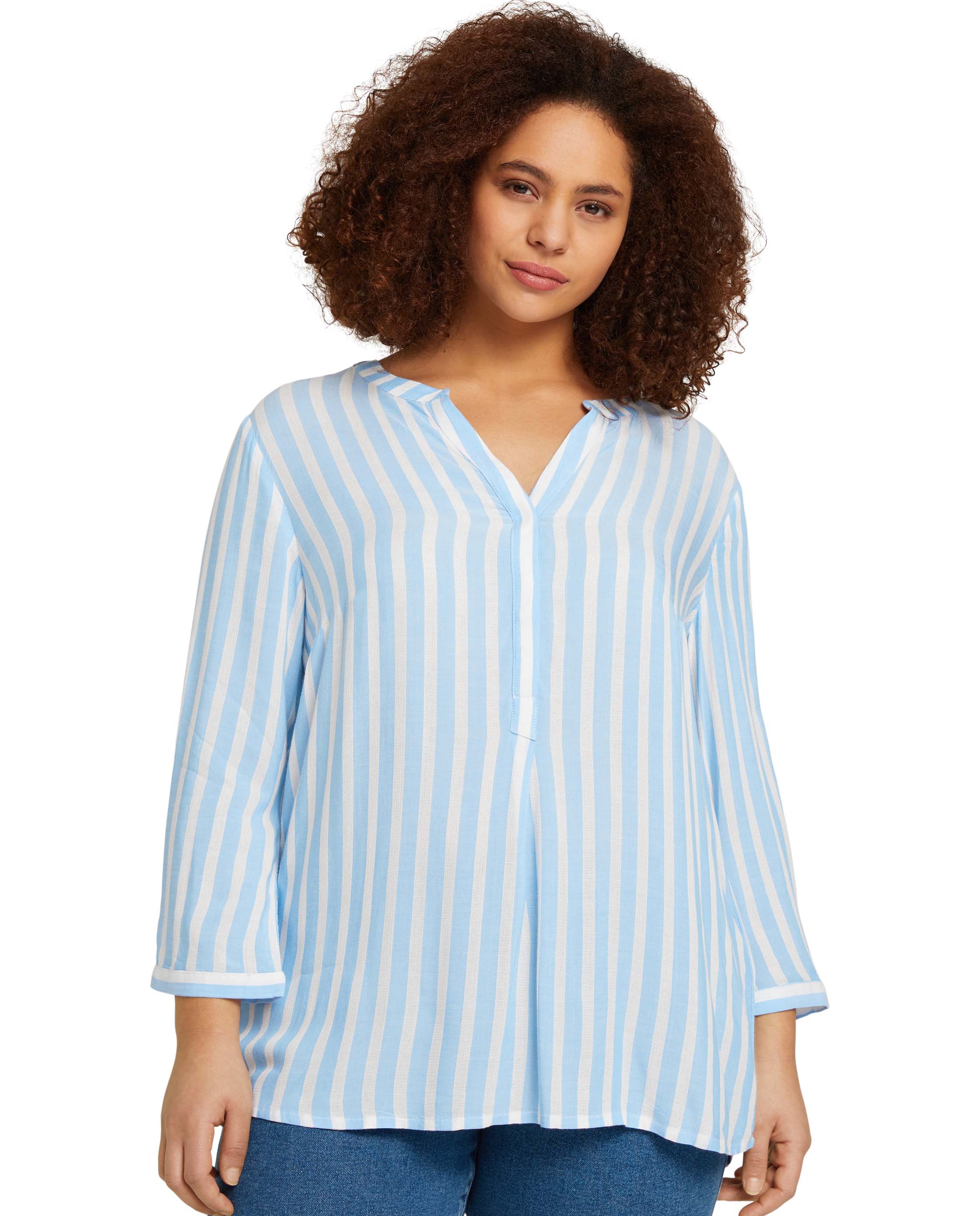 Blusa Às Riscas e Mangas 3/4 Azul / Branco-4