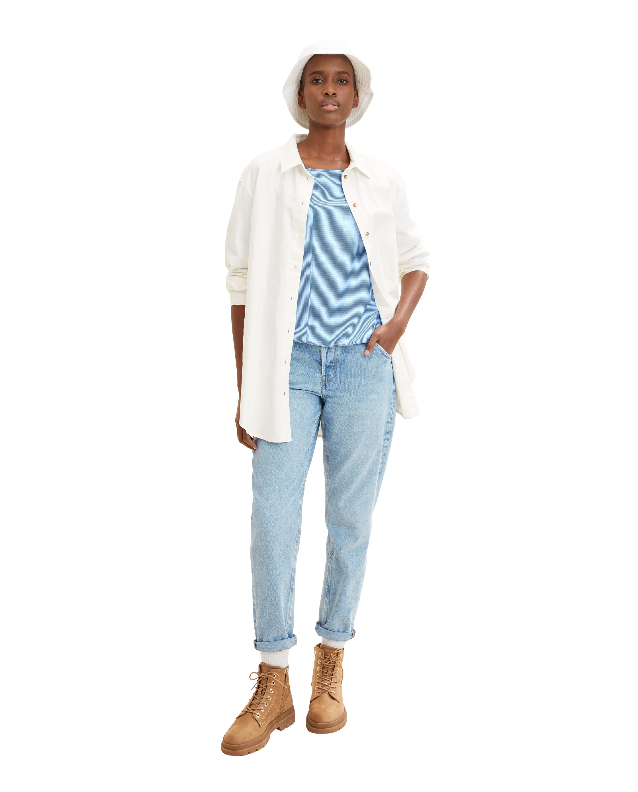 T-shirt com Gola Redonda e Manga 3/4 Azul / Branco-4