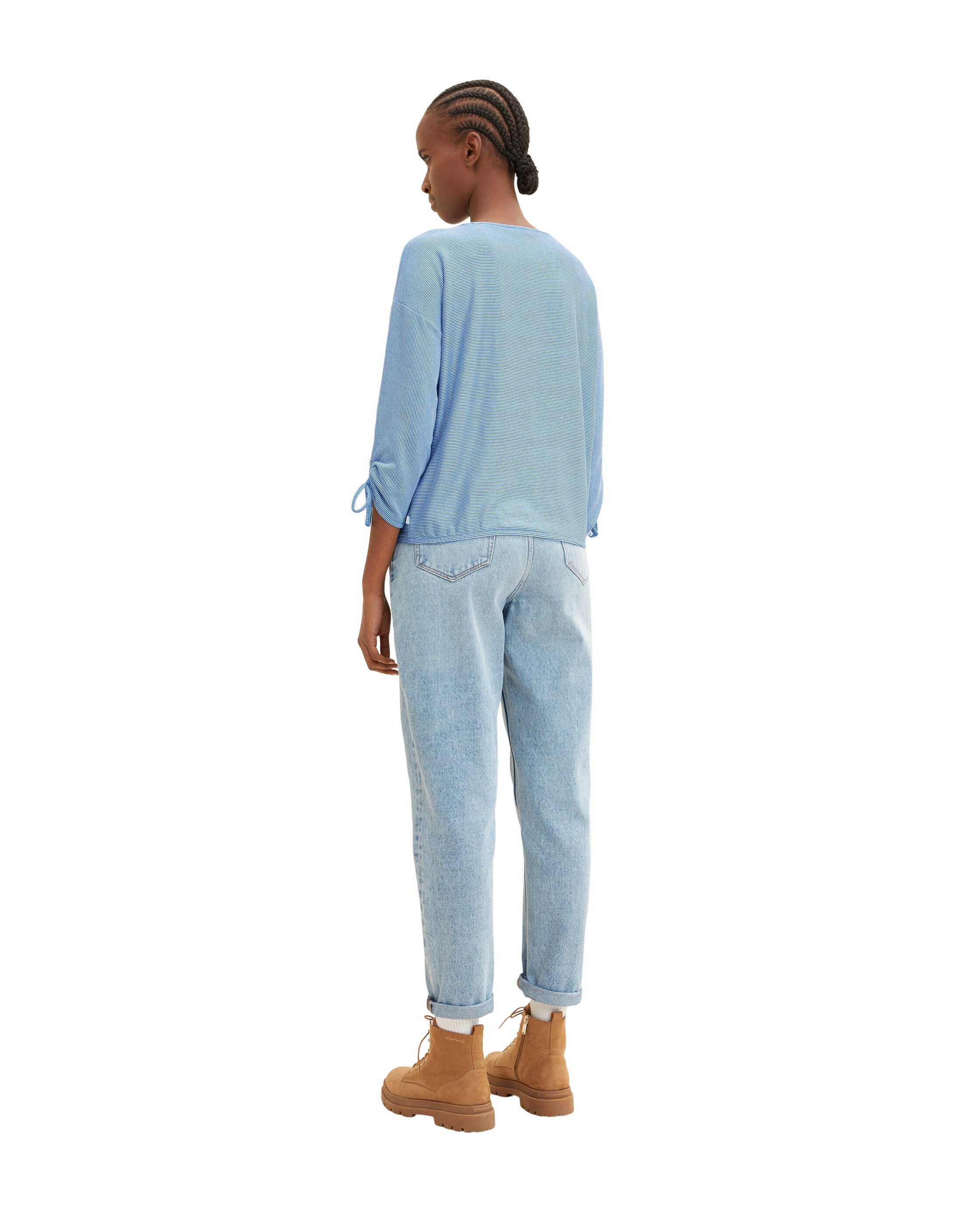 T-shirt de Manga 3/4 com Gola Redonda Às Riscas Azul-2