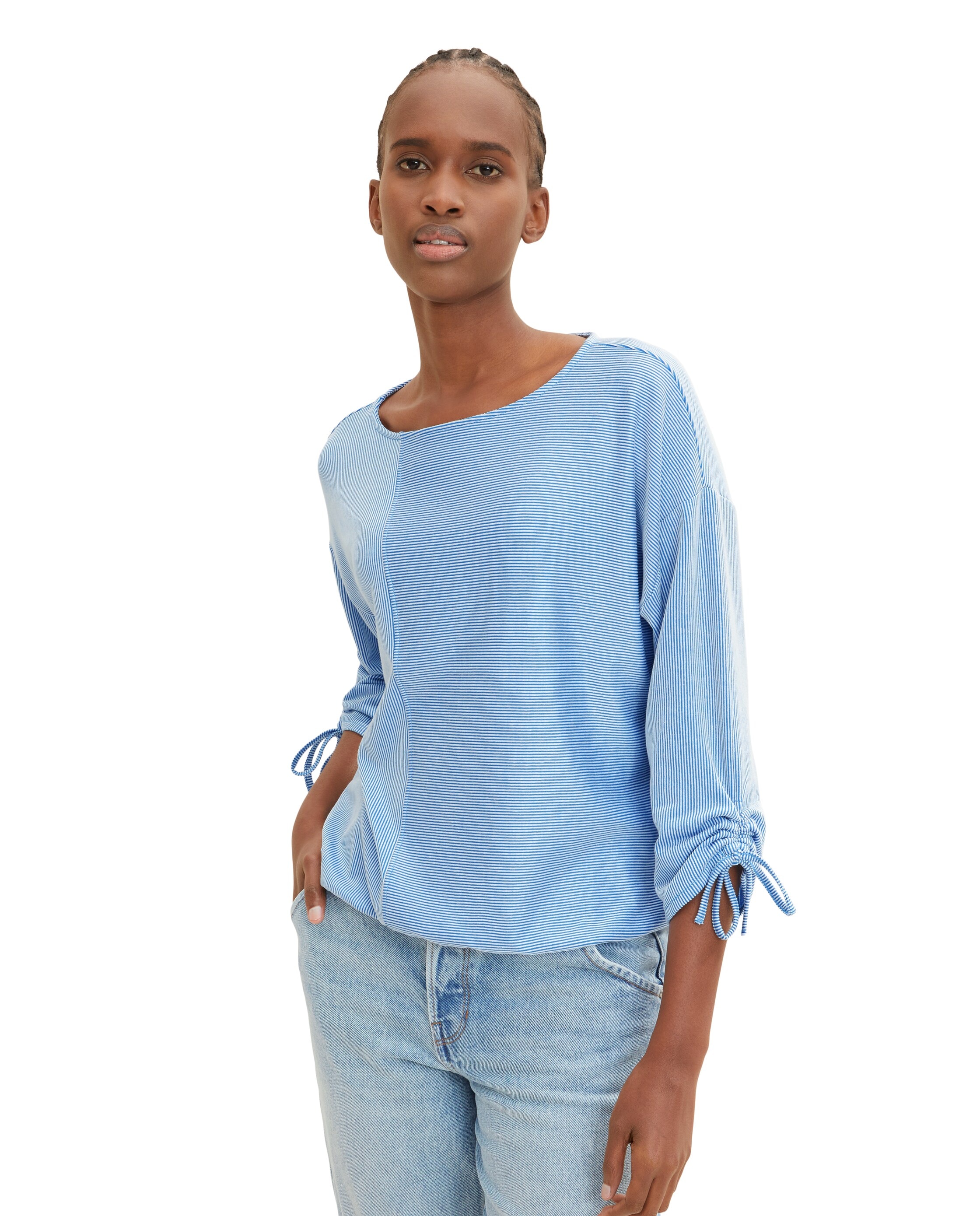 T-shirt de Manga 3/4 com Gola Redonda Às Riscas Azul-3