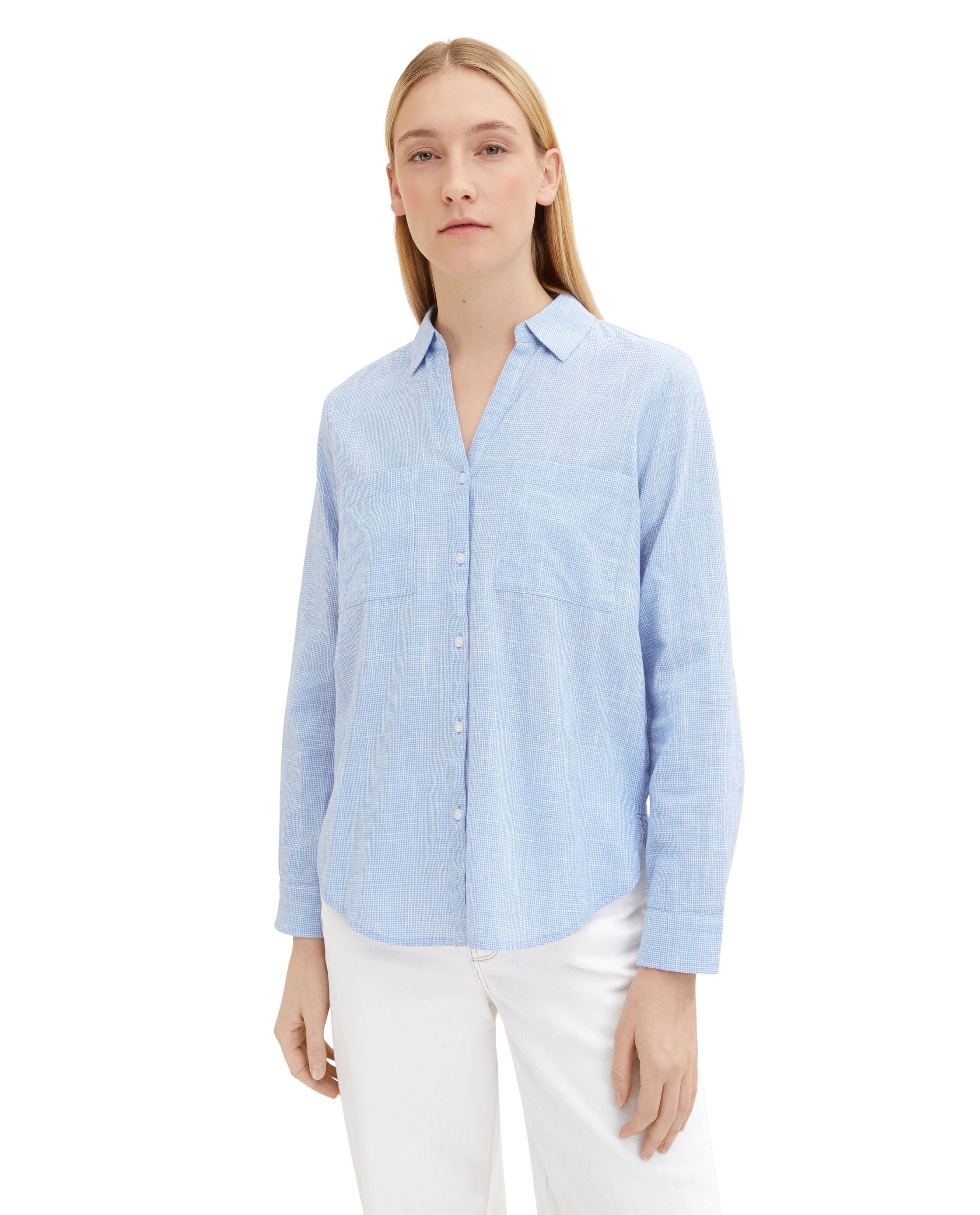 Camisa de Manga Comprida com Gola em V Azul-claro-4