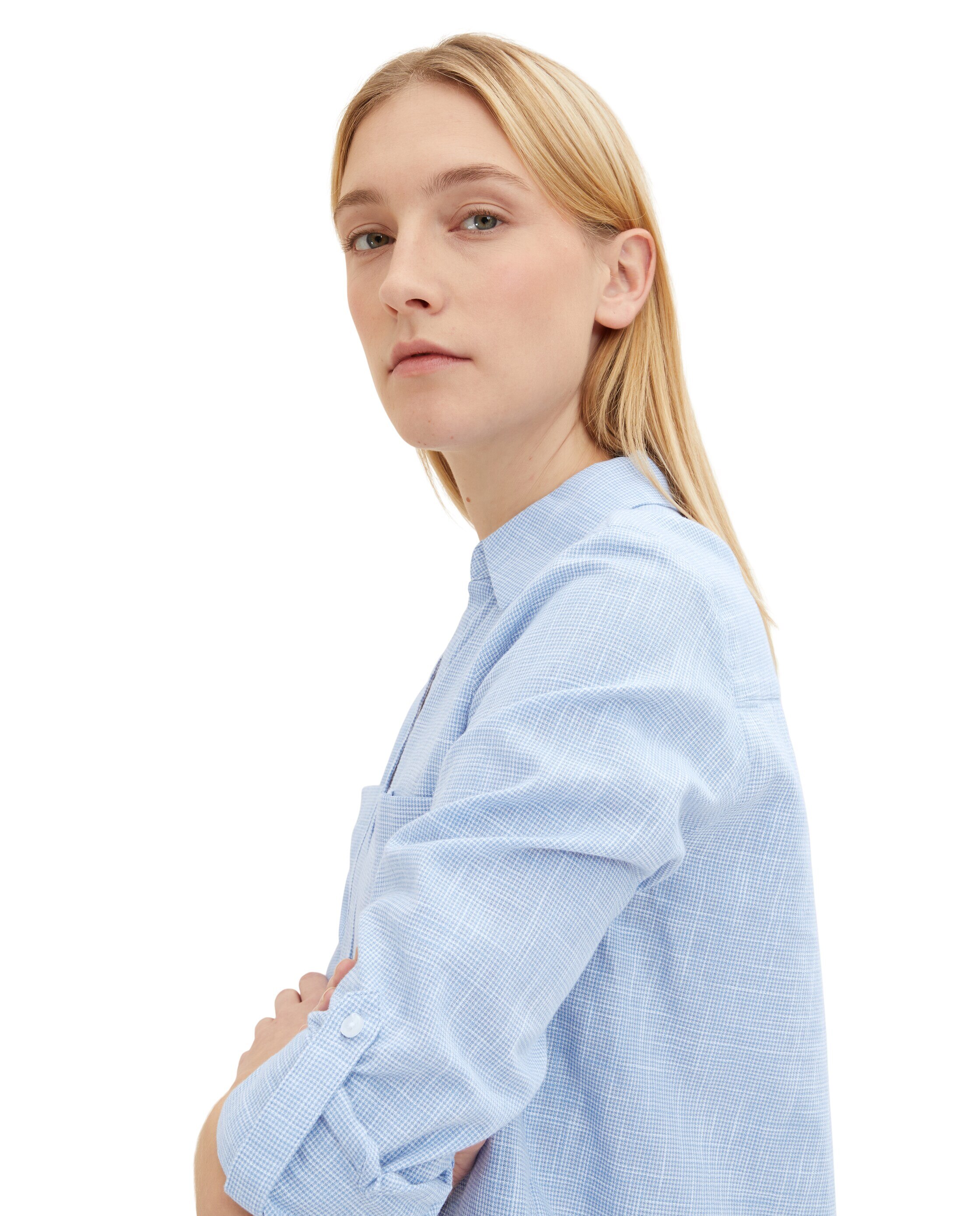 Camisa de Manga Comprida com Gola em V Azul-claro-5