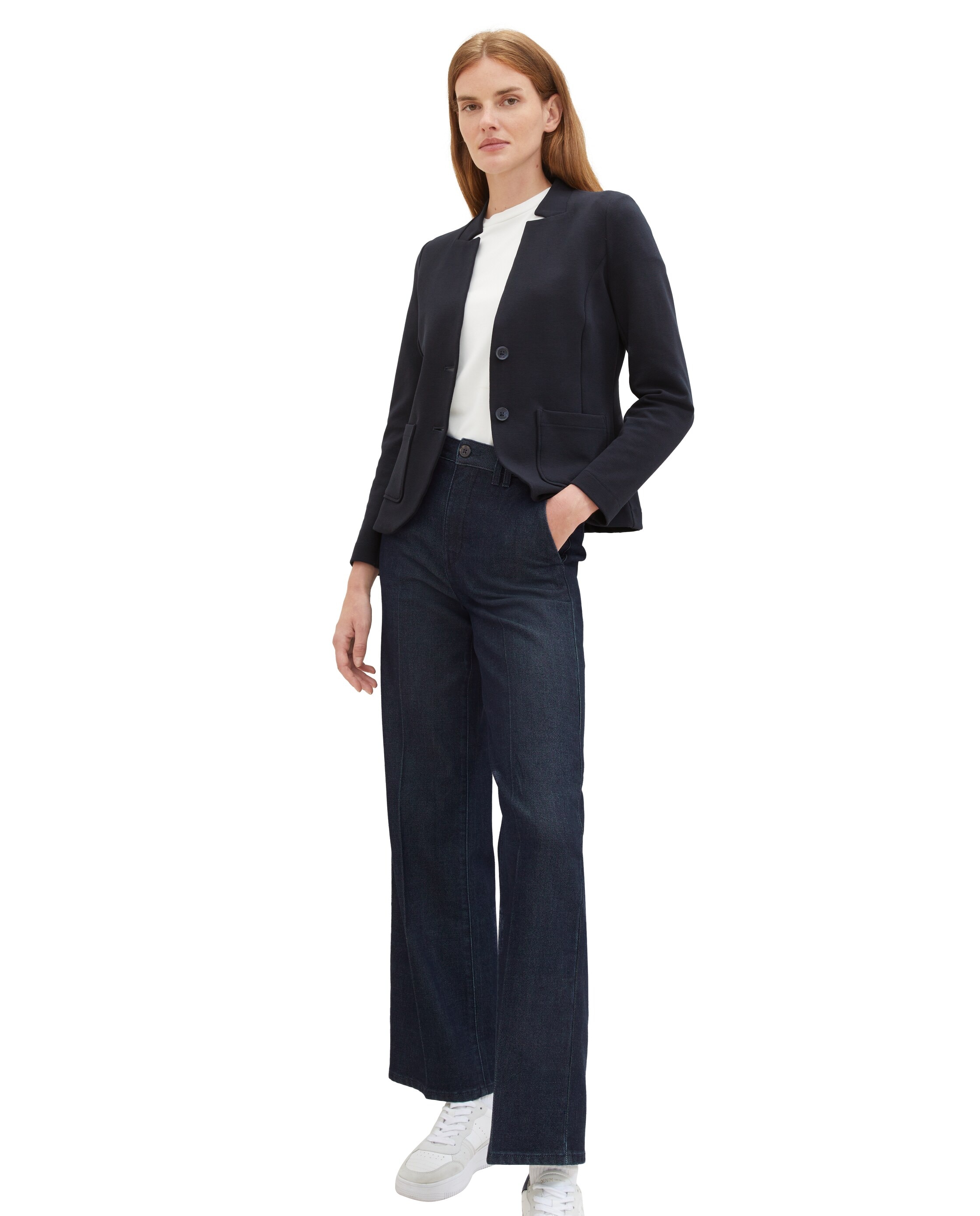 Blazer de Manga Comprida com Estrutura Ottoman, Corte Clássico, Gola com Lapelas, Fecho de Botões, Bolsos Frontais e Design Liso Azul-escuro-3