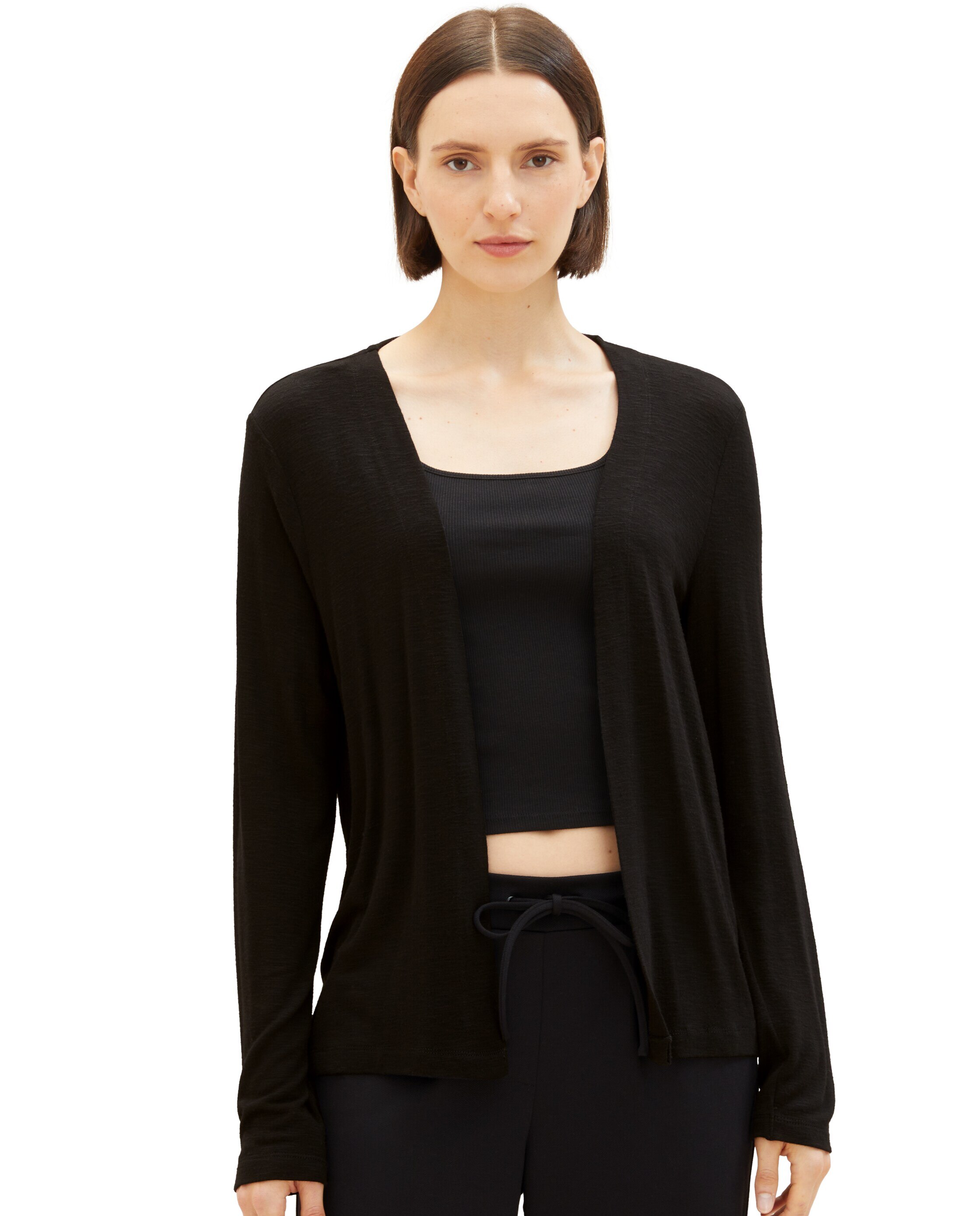 Cardigan Aberto em Tecido Liso Preto-1
