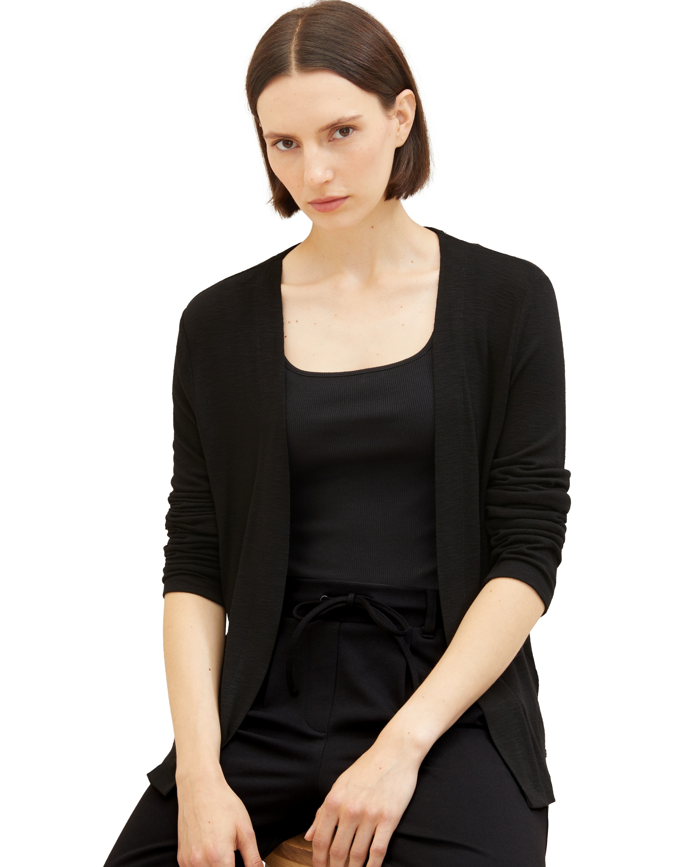Cardigan Aberto em Tecido Liso Preto-3