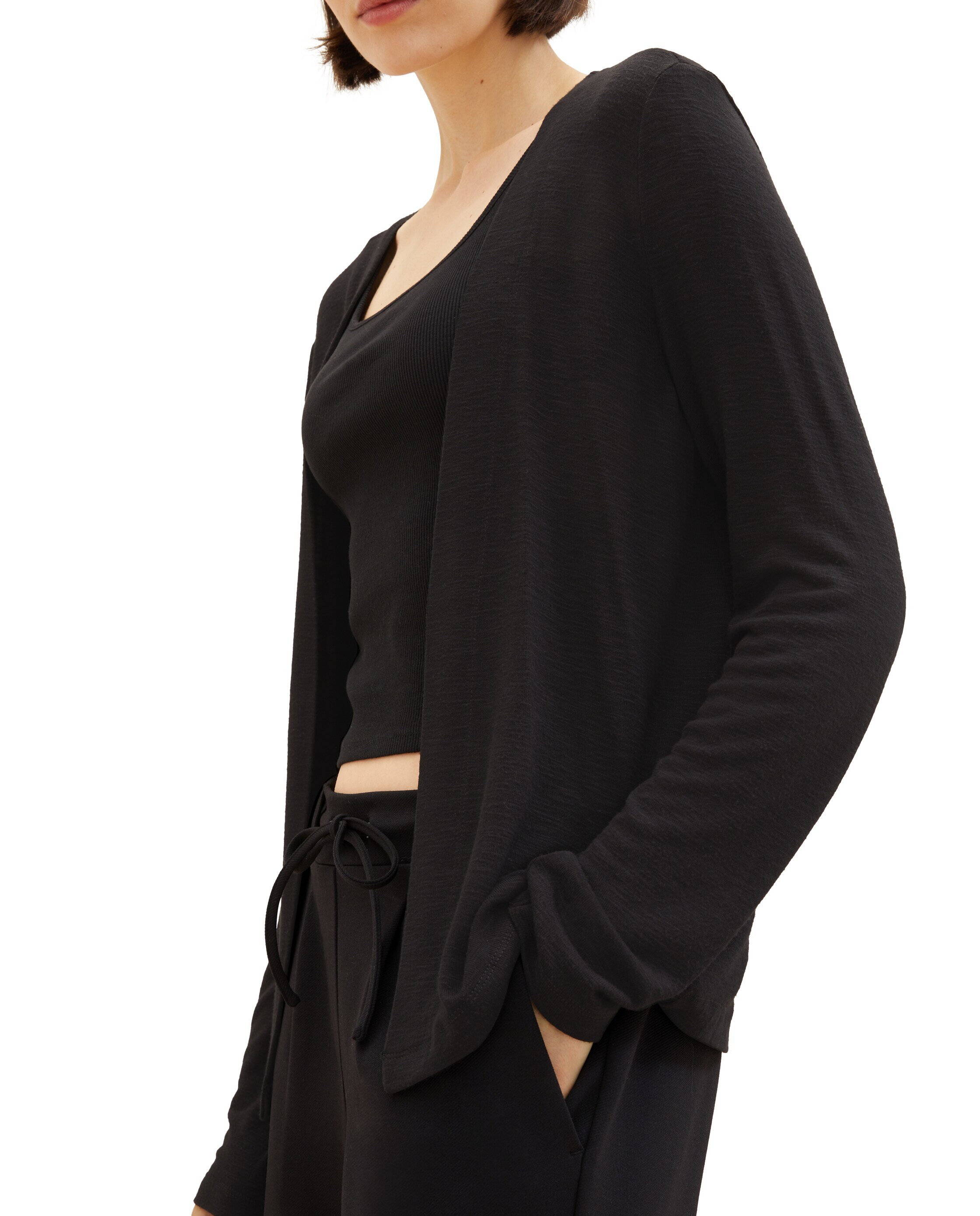 Cardigan Aberto em Tecido Liso Preto-5