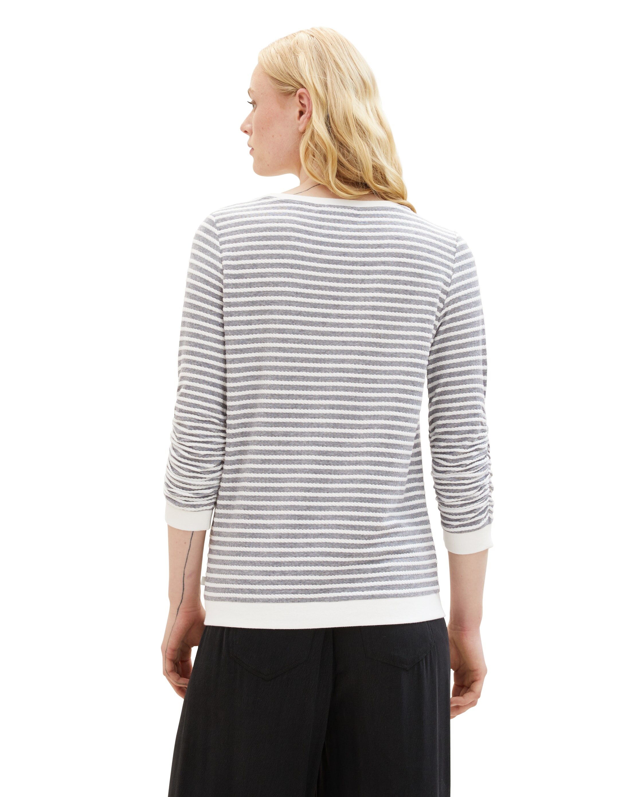 Sweatshirt de Manga Comprida com Gola Redonda Às Riscas Branco / Cinzento-2