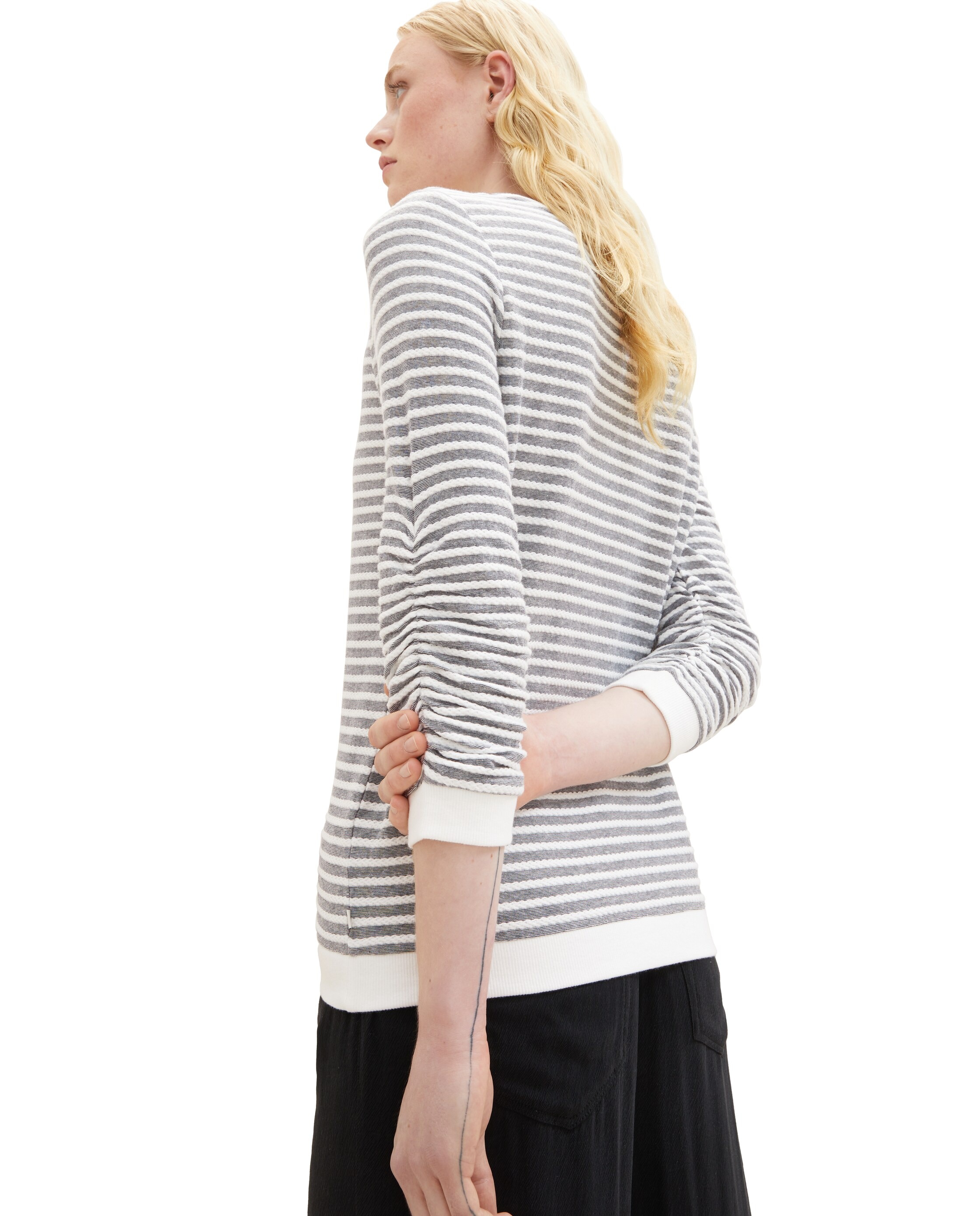 Sweatshirt de Manga Comprida com Gola Redonda Às Riscas Branco / Cinzento-4