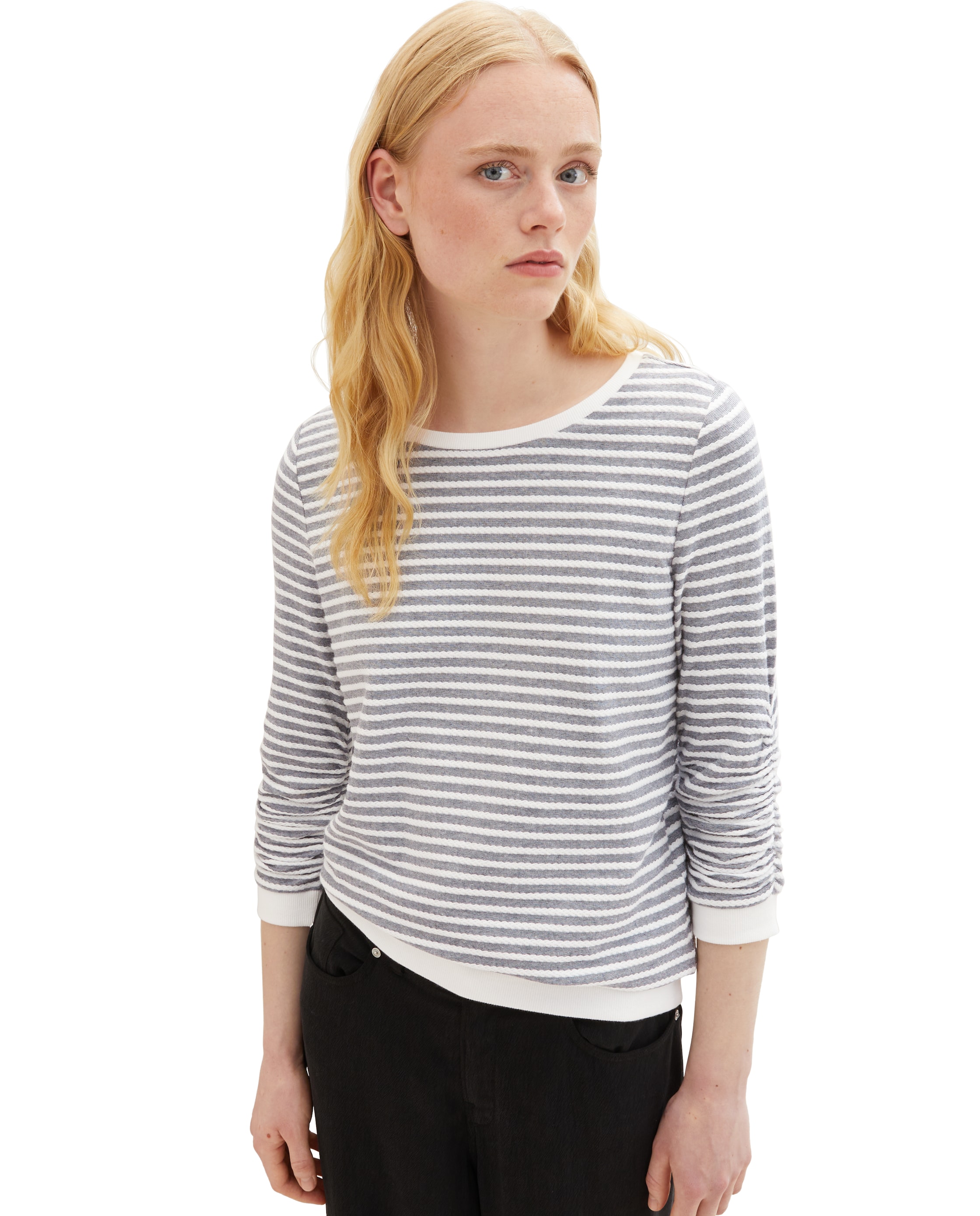 Sweatshirt de Manga Comprida com Gola Redonda Às Riscas Branco / Cinzento-5
