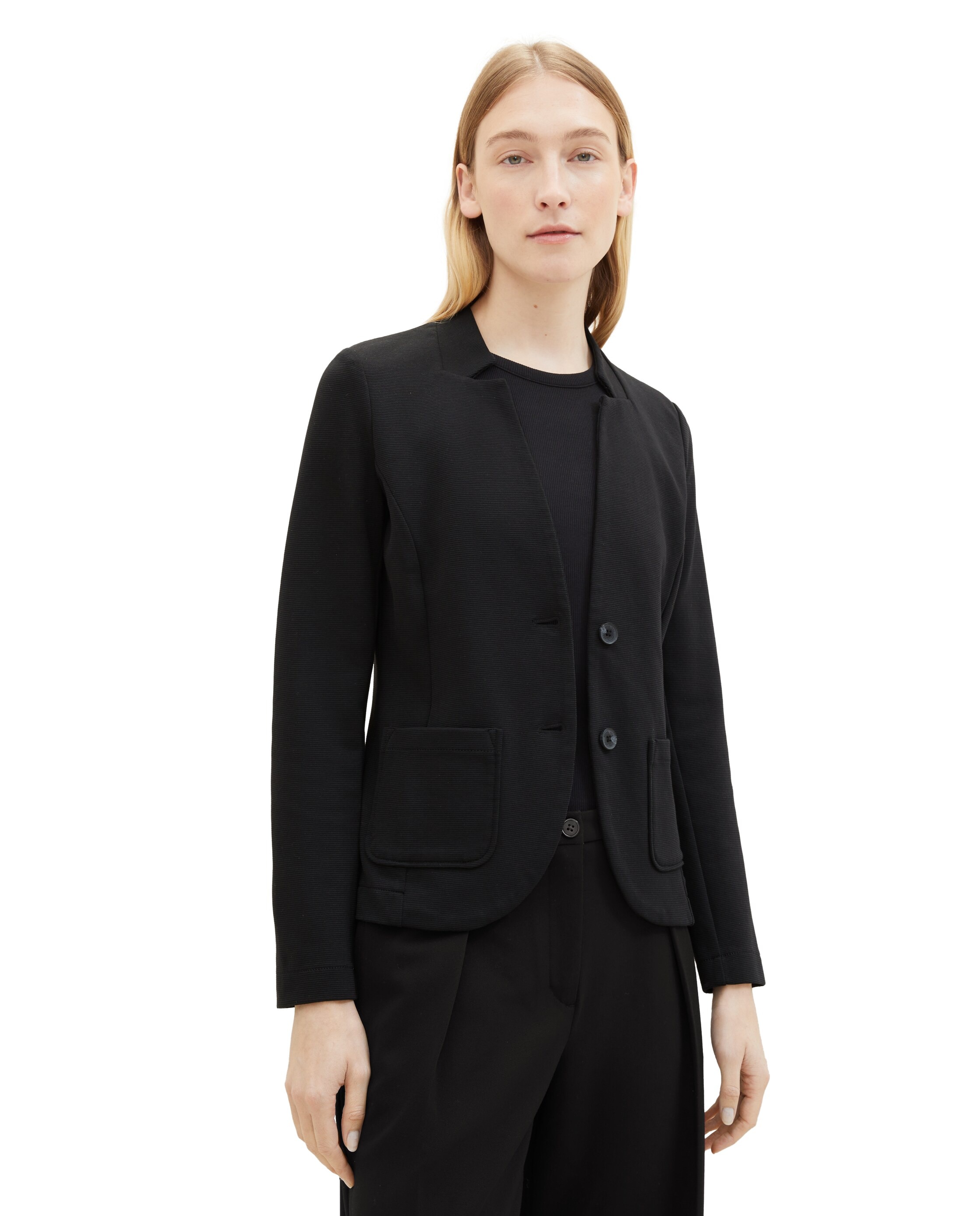 Blazer de Manga Comprida com Bolsos Frontais, com Gola de Lapela e Design Liso Preto-1