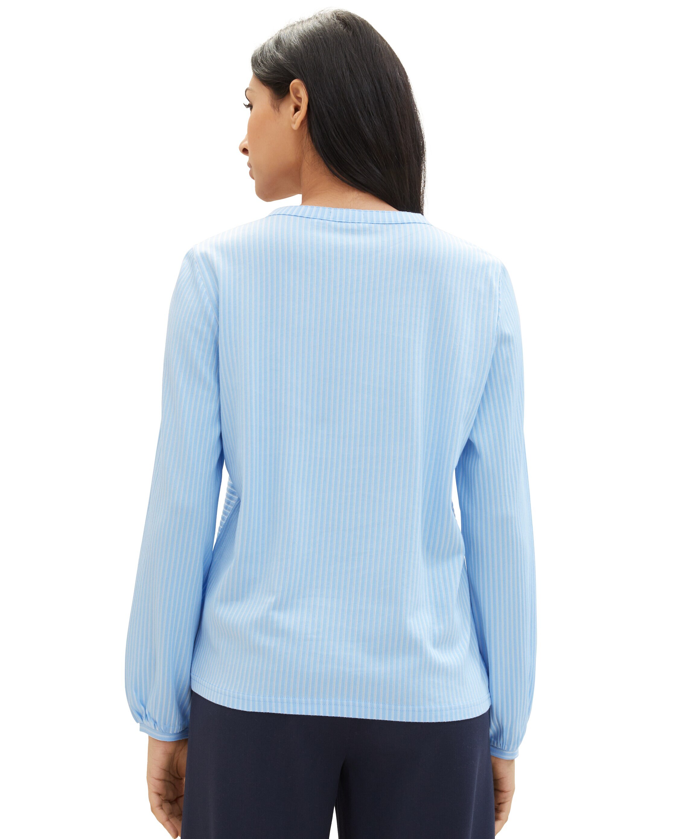 Blusa de Manga Comprida e Gola em V Azul / Branco-2