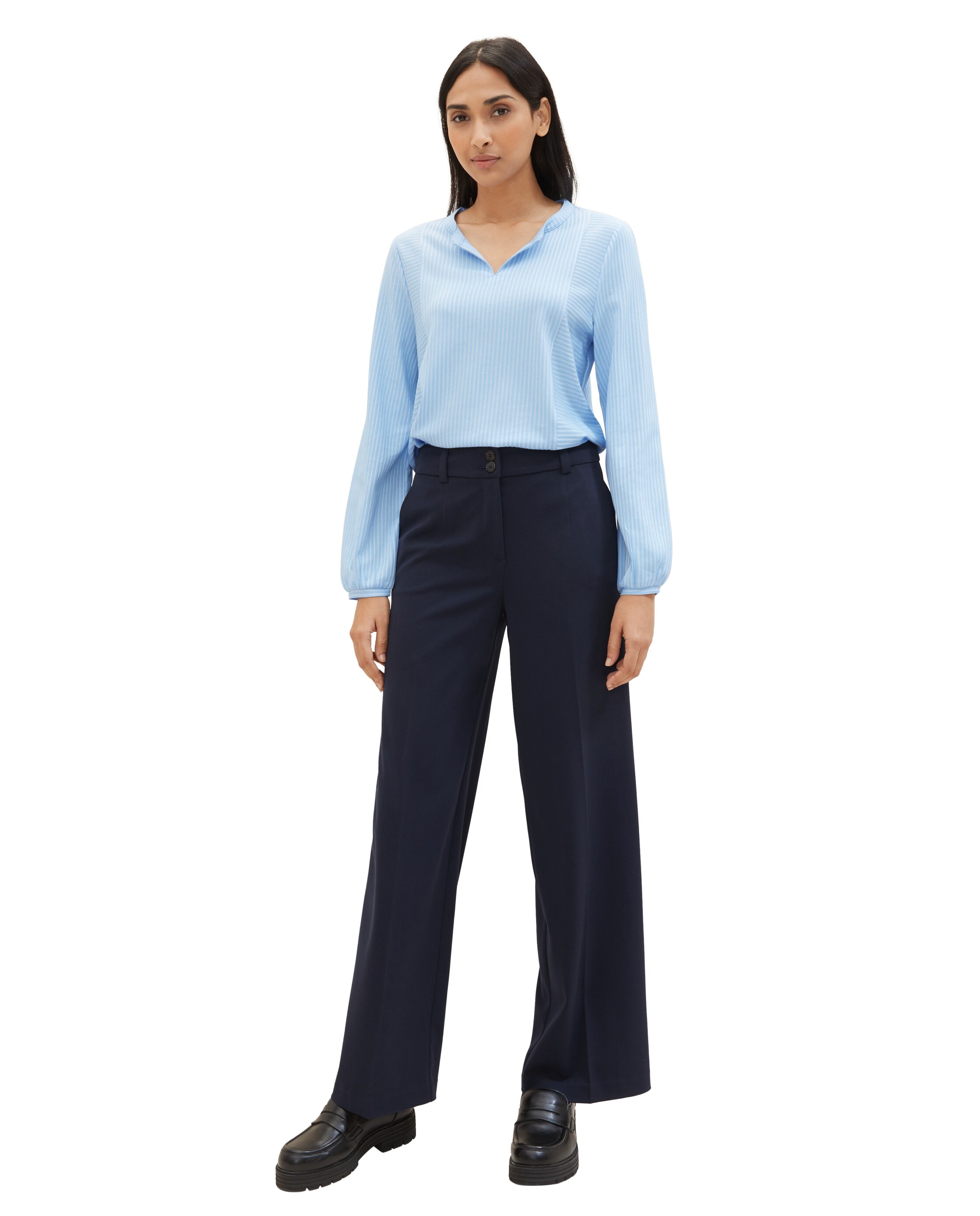 Blusa de Manga Comprida e Gola em V Azul / Branco-3