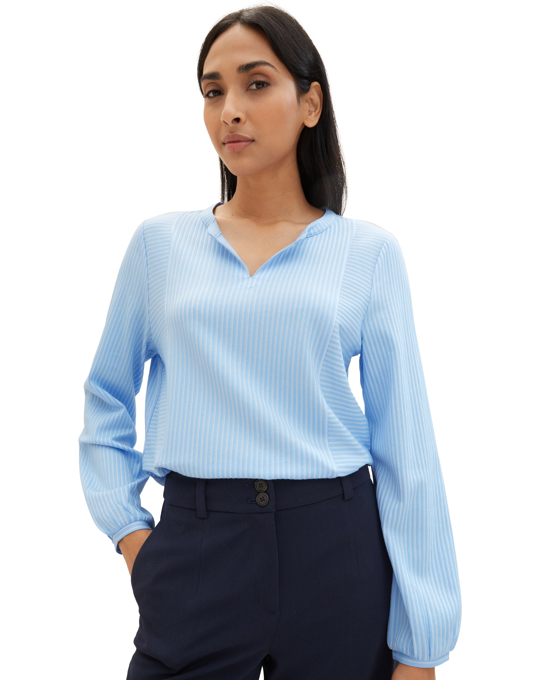 Blusa de Manga Comprida e Gola em V Azul / Branco-4