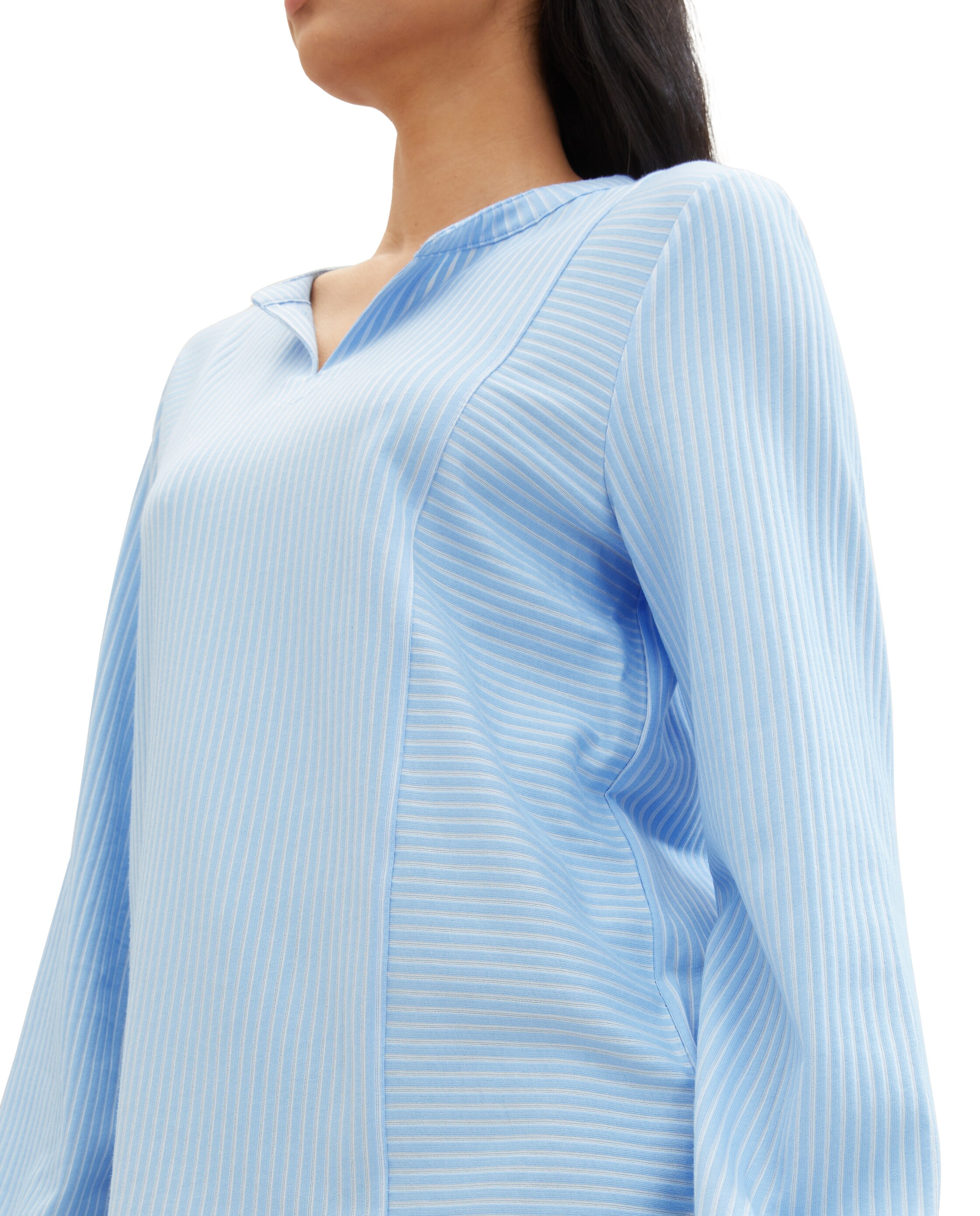 Blusa de Manga Comprida e Gola em V Azul / Branco-5