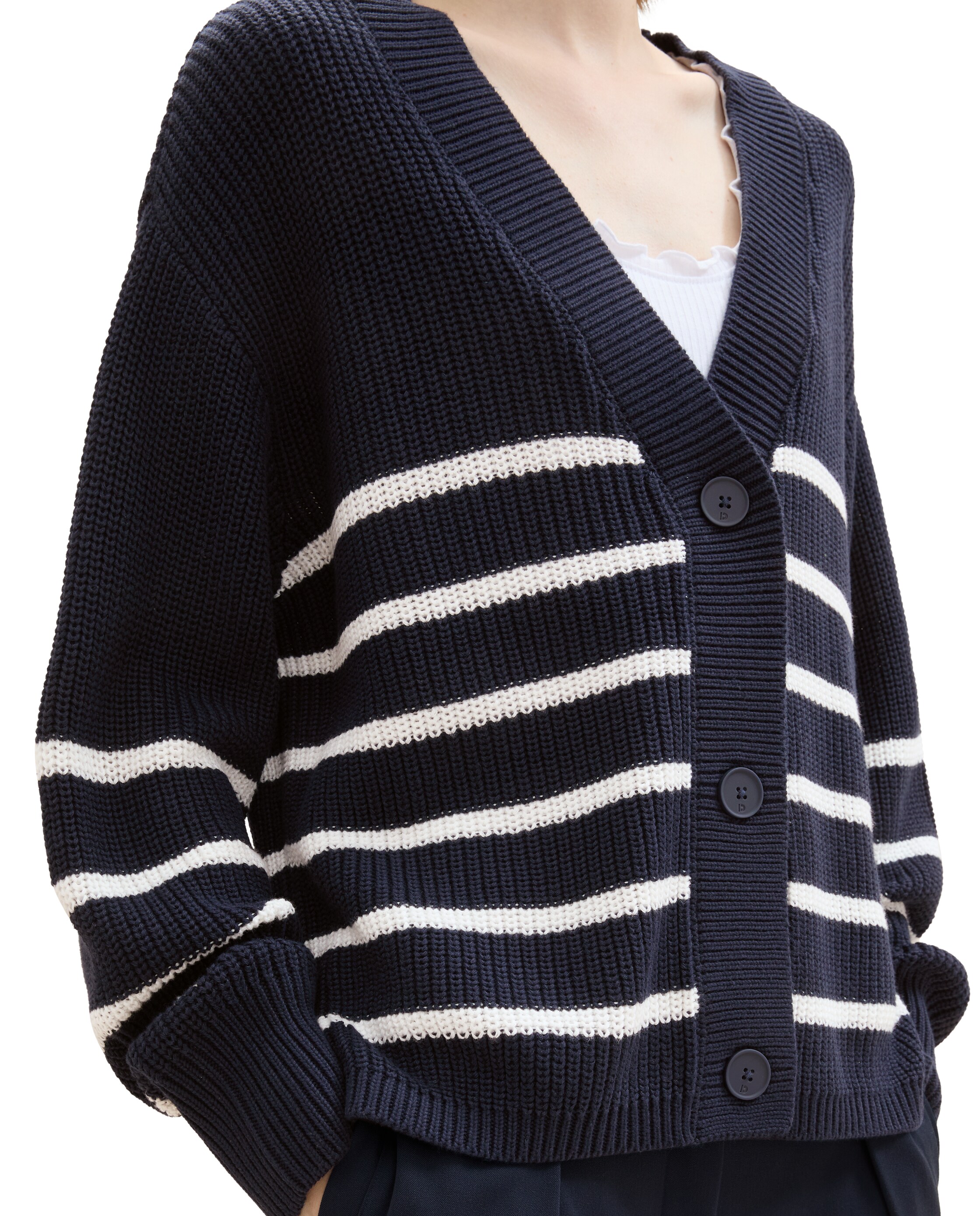 Cardigan com Botões e Gola em V Azul / Branco-2
