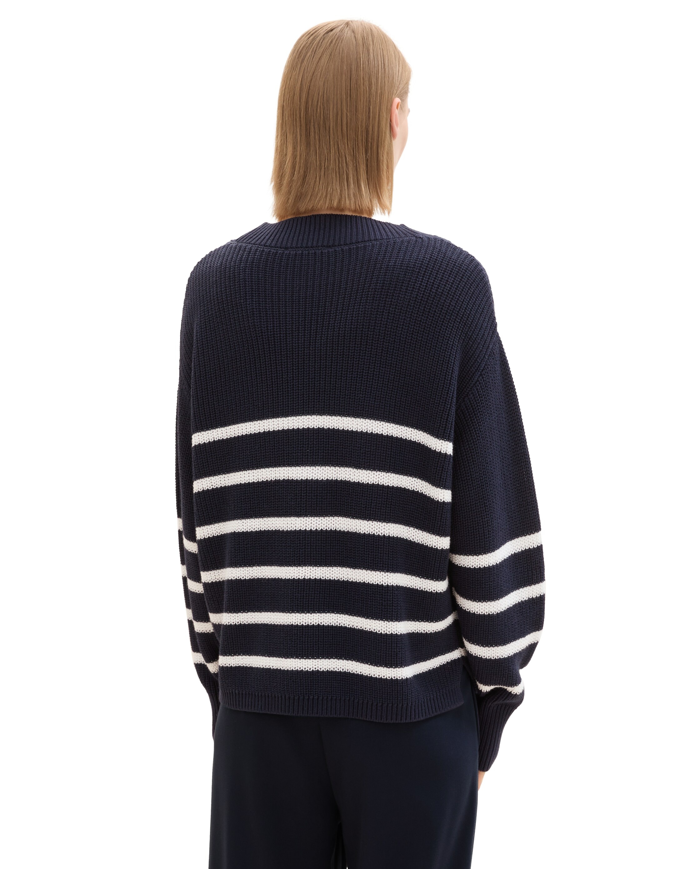 Cardigan com Botões e Gola em V Azul / Branco-3