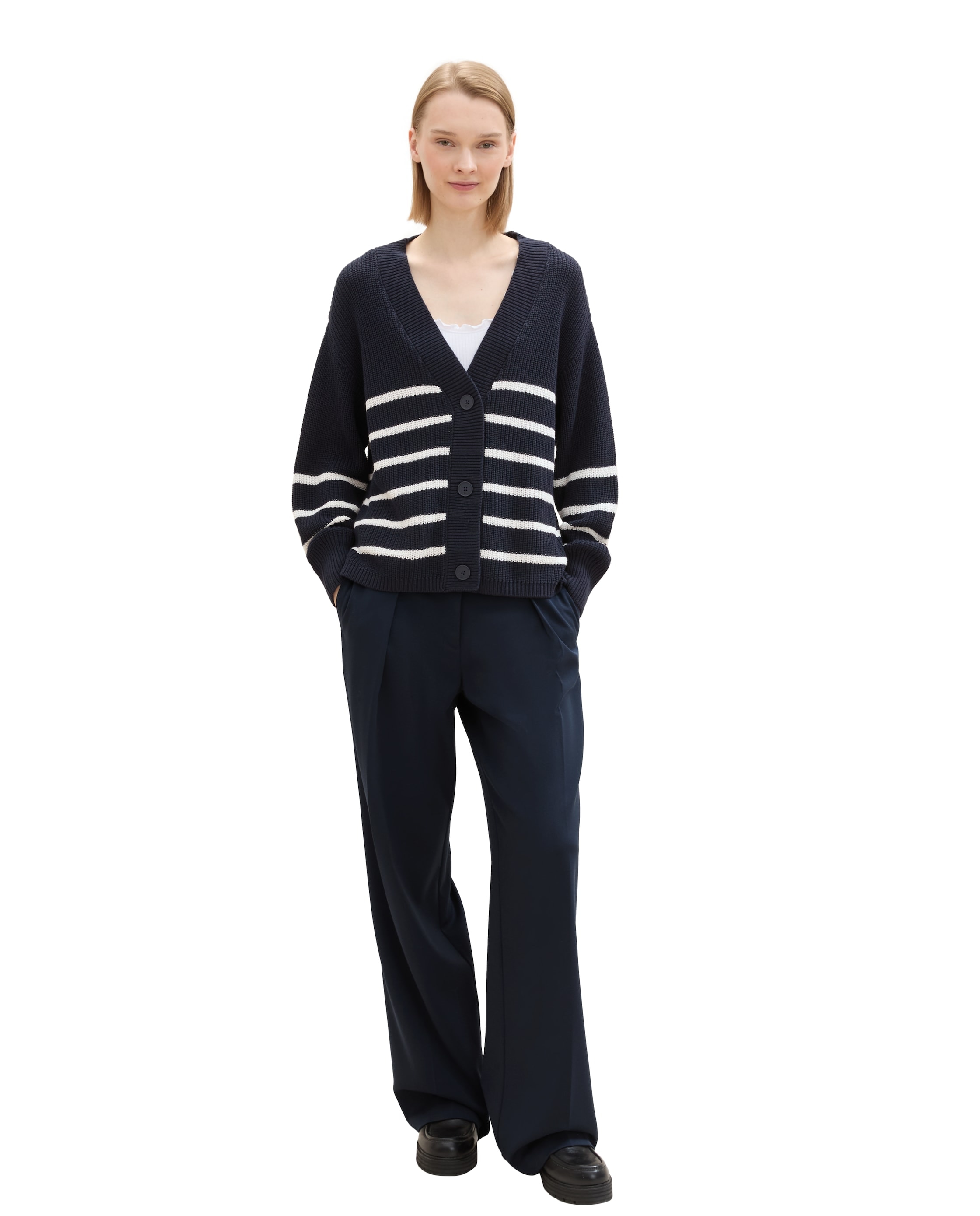 Cardigan com Botões e Gola em V Azul / Branco-4