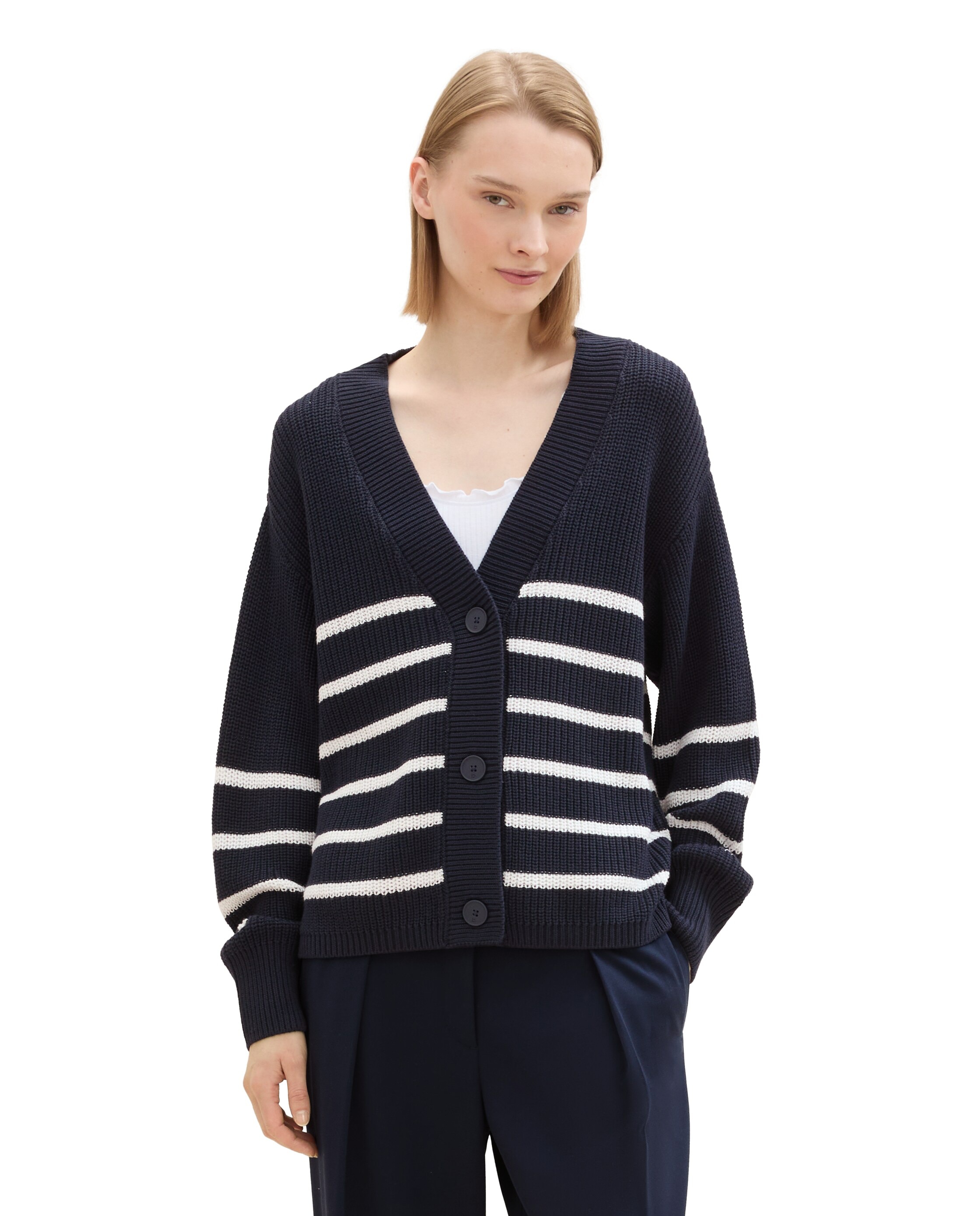 Cardigan com Botões e Gola em V Azul / Branco-5