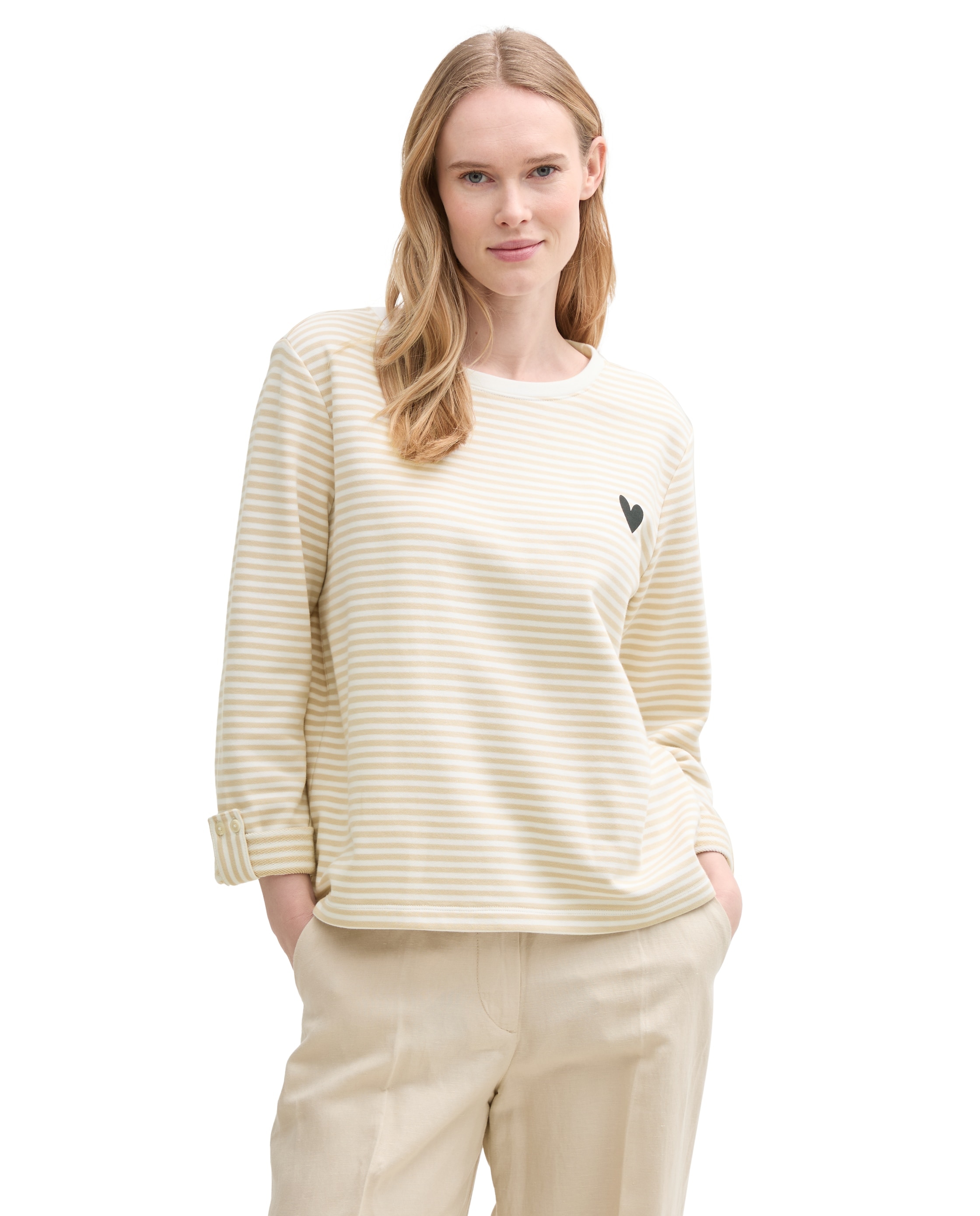 Sweatshirt de Riscas com Presilhas nas Mangas Bege-1